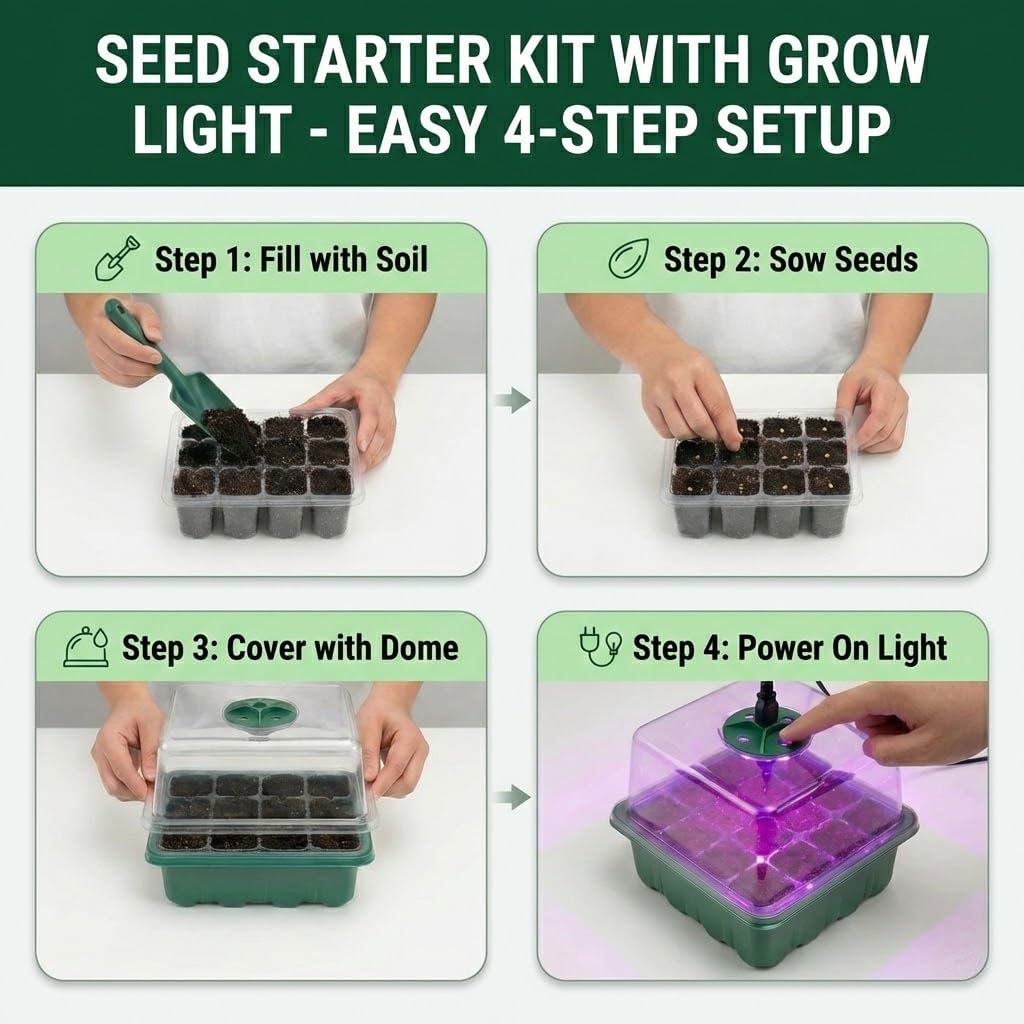 NACNO Seed Starter Kit with Grow Light, Elevated Seedling Tray Kit with Adjustable Humidity Dome and Clear Cell Tray, 12 Full Spectrum Led Beads for Seed Starting Greenhouse, 6 Pack, Green