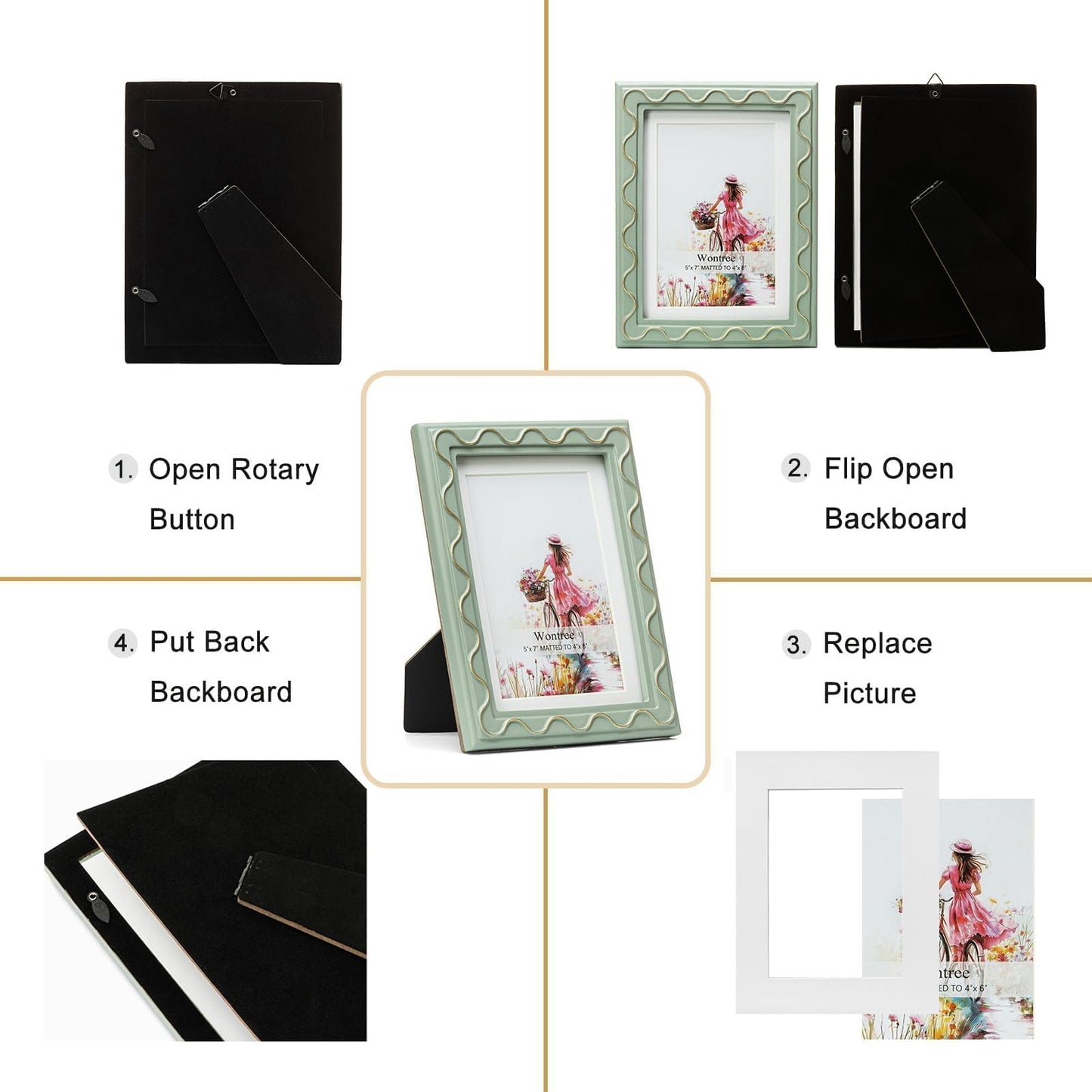Wontree 5x7 Picture Frame, Shinning Gold Swirls Against Sage-like Green, Resin Frame with Real Glass, Display 5x7 Photos Matted to 4x6, Vertical and Horizontal Desk Tabletop or Wall Hanging