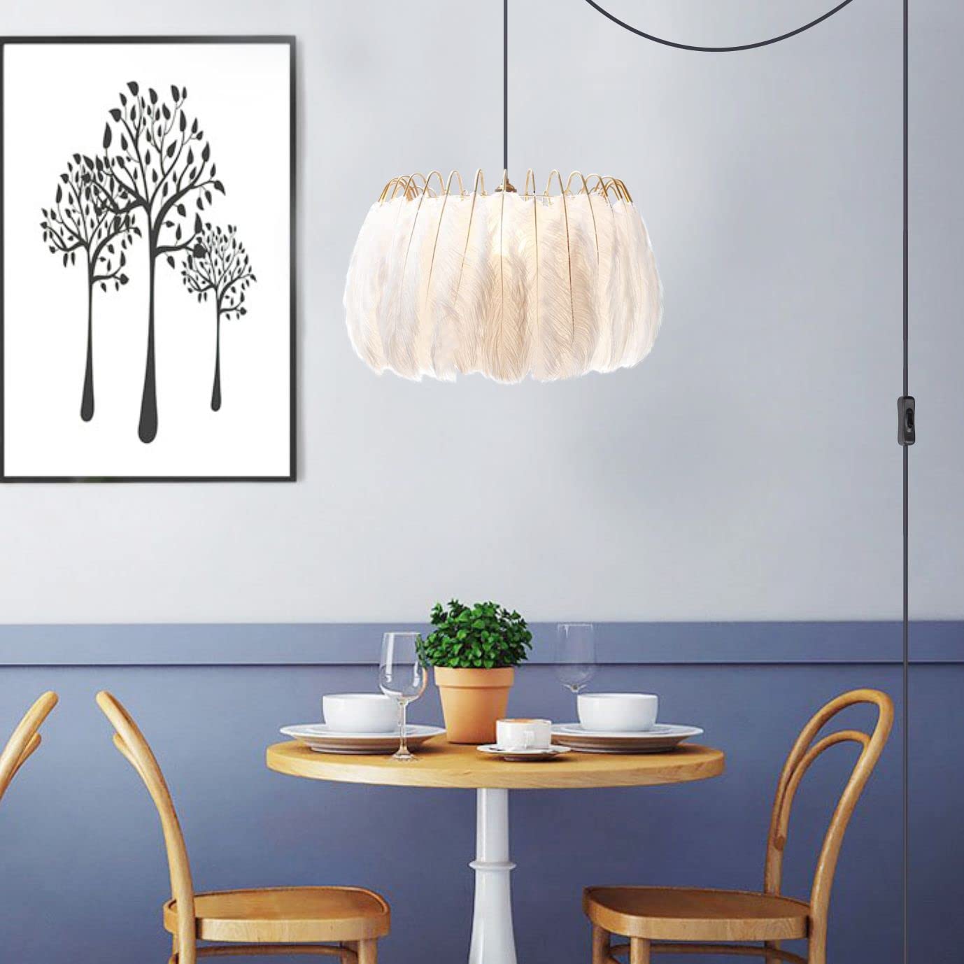 KCO Lighting Nordic Feather Chandelier White Feather Ceiling Pendant Light Fixture with 14.8 Feet Plug in Cord Gold Hanging Lamp for Girls Room Bedroom (17.7”)