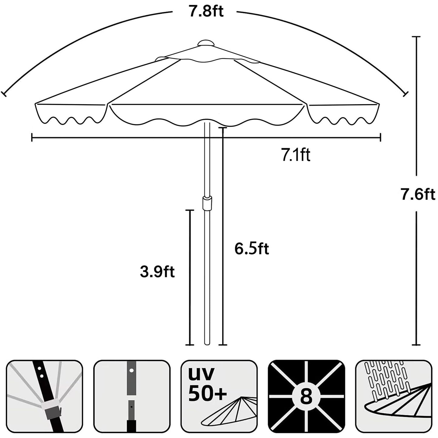AMMSUN 7.8ft Seashore Umbrella, Outdoor Umbrella, Boho Patio Umbrella with UV 50+ Air Vent Ash Wood Pole Carry Bag & Water-Resistant Canvas