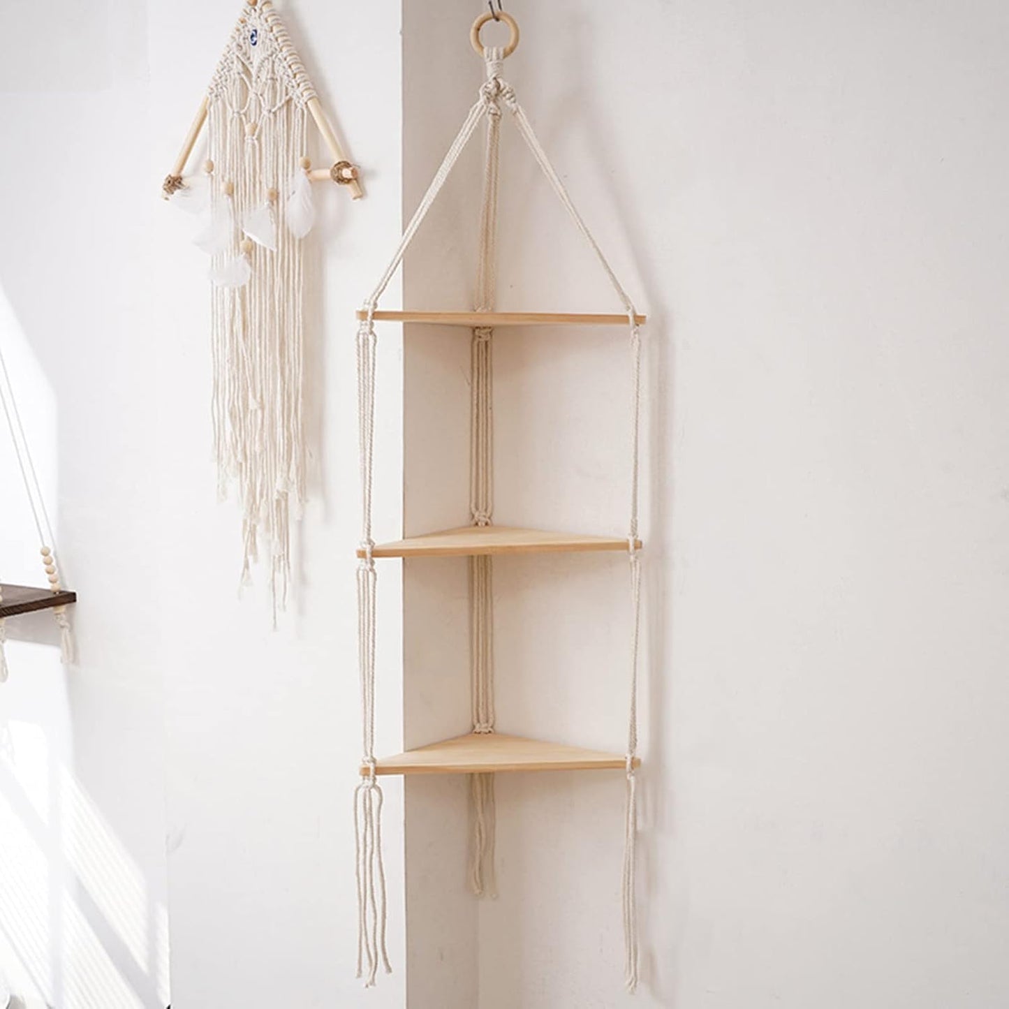 WKHOKI Hanging Shelf with Natural Wood, 3-Tier Rope Shelf | Handmade Boho Wall Decor for Floating Display, Ideal for Plants, Photos & Storage in Bathroom, Bedroom, Living Room & Nursery