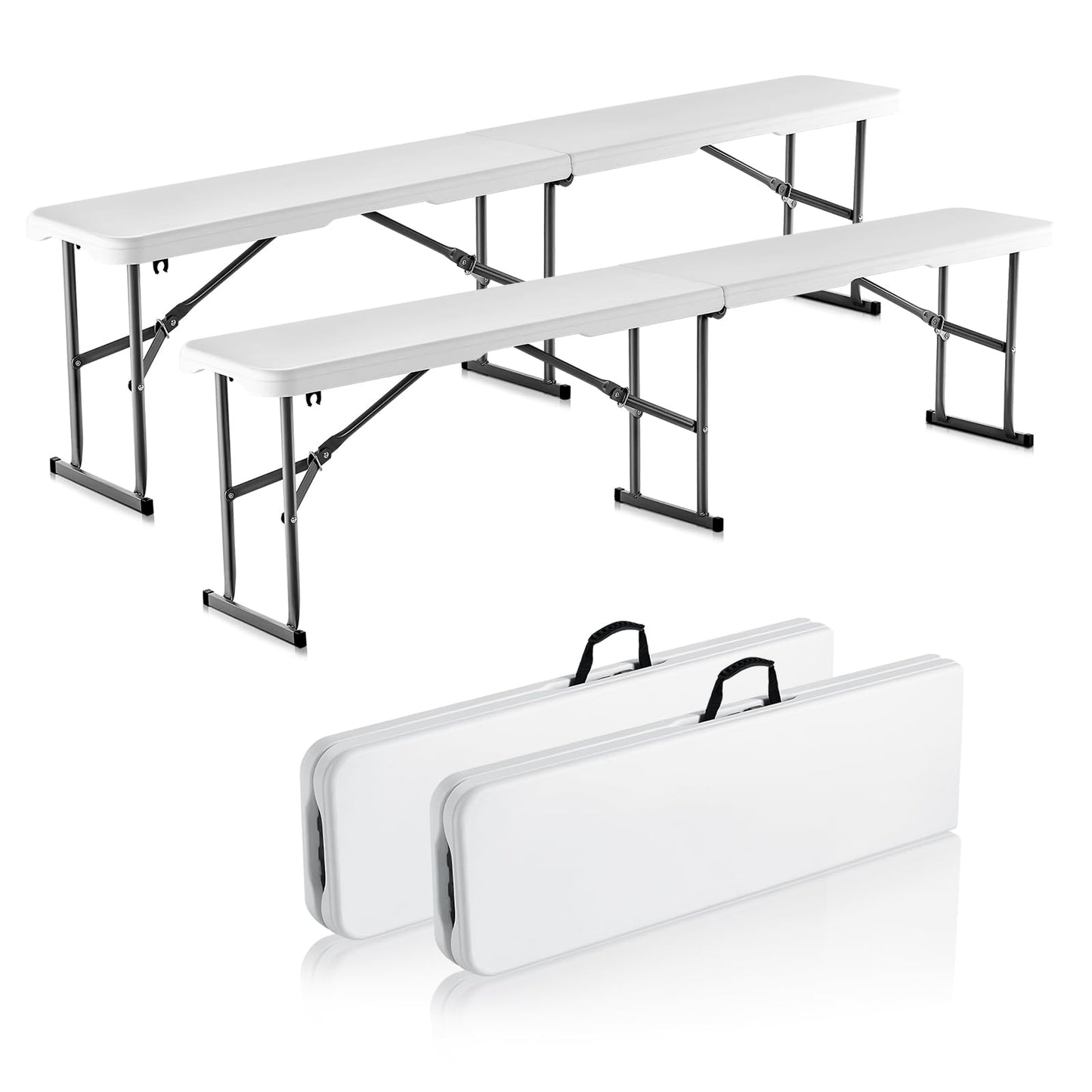 VEVOR Plastic Folding Bench, 6ft Portable Folding Bench, Smooth High Density Polyethylene Waterproof Outdoor Bench, Picnic Camping Table with Handle for Garden Soccer Playtime, White (2 Pack)