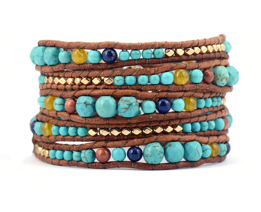 ZOSOJONA Handmade Boho Wrap Bracelet For Women Adjustable Nature Stone Turquoise Crystal Beaded Bracelets