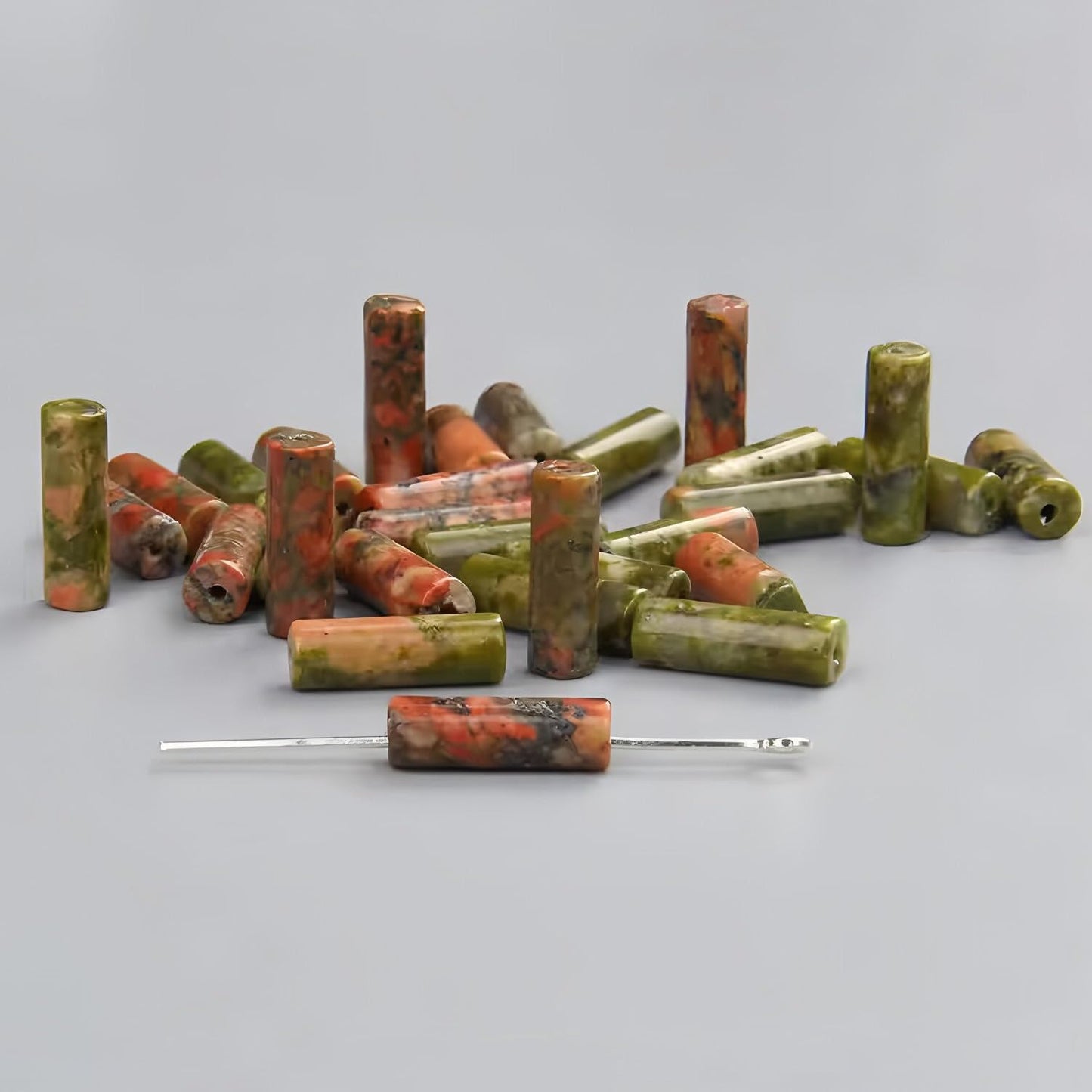 HAAMIIQII Natural Green Unakite Jasper Tube Beads 13x4mm Column Stone Cylinder Gemstone Loose Beads for Jewelry Making Strand 15 Inch (28-29pcs)