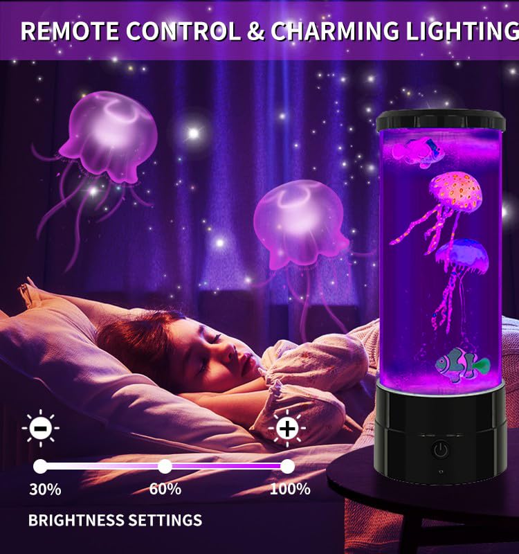 FineLiMoLa Jellyfish Lamp 12"-Black Minimalist Cylinder Table Lamp with 2 Large Jellyfish & 2 Fish,16 Color Changing LED,USB Powered,Remote Control,Jellyfish Light Lamp for Kids Christmas Gift