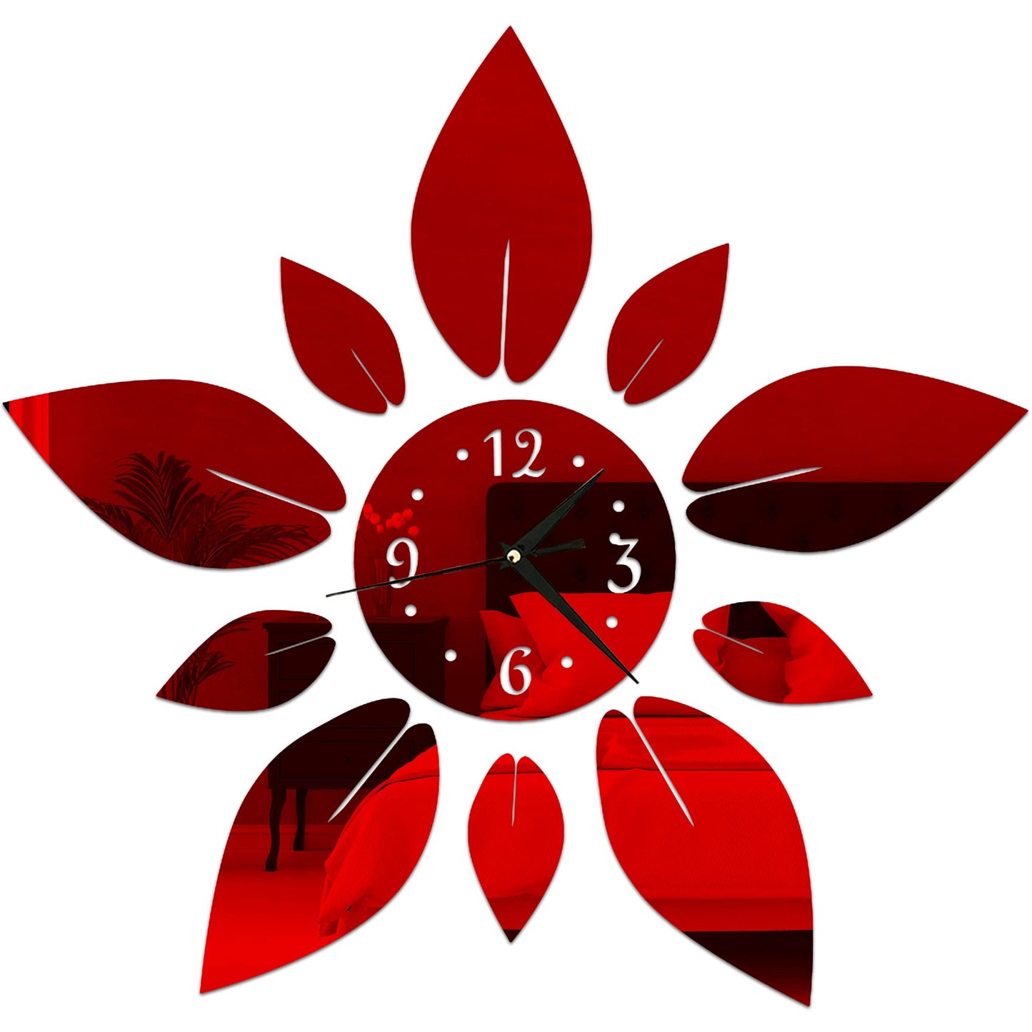 haodeni Modern Flowers Digital 3D Large Wall Clock Mirror Stickers Self-Adhesive Acrylic Crystal Mirror Decals DIY Silent Petal Combo Art Wall Clocks Decoration for Home Apartment Office (Red)