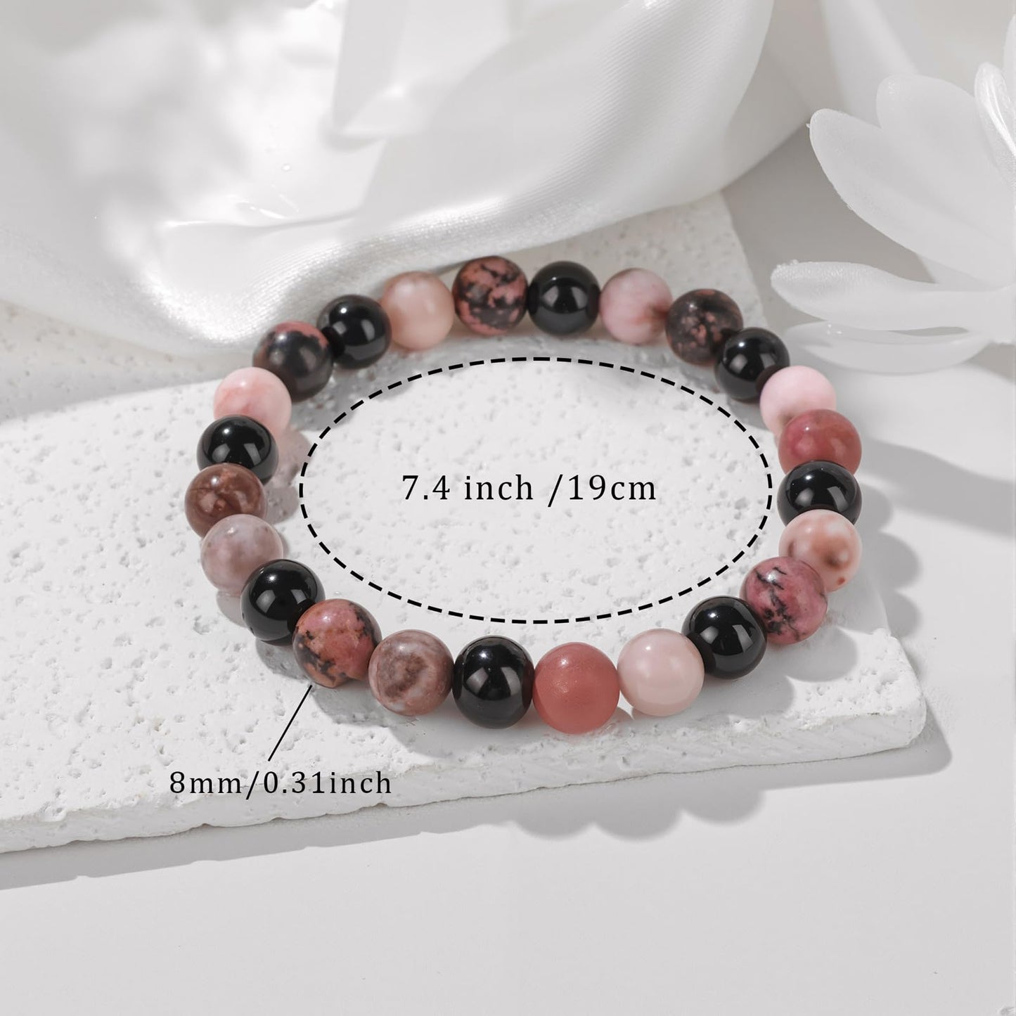Healing Crystal Bracelet for Women Men 8mm Beaded Black Tourmaline Zebra Stone Rhodochrosite Natural Stone Bracelets Handmade Stretch Emotional Healing Bracelet Beads Spiritual Crystal Jewelry Gifts