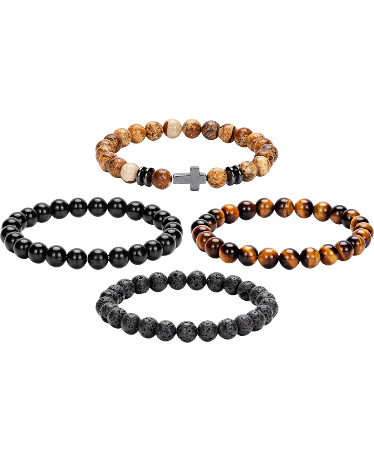 Crystery Men Beaded Bracelets, 8mm Natural Stone Bracelet, Healing Crystal, Jewelry Gifts for men, Triple Protection, Picture Stone, Tiger Eye, Black Obsidian Beads Bracelets, Lava Rock, Pack of 4