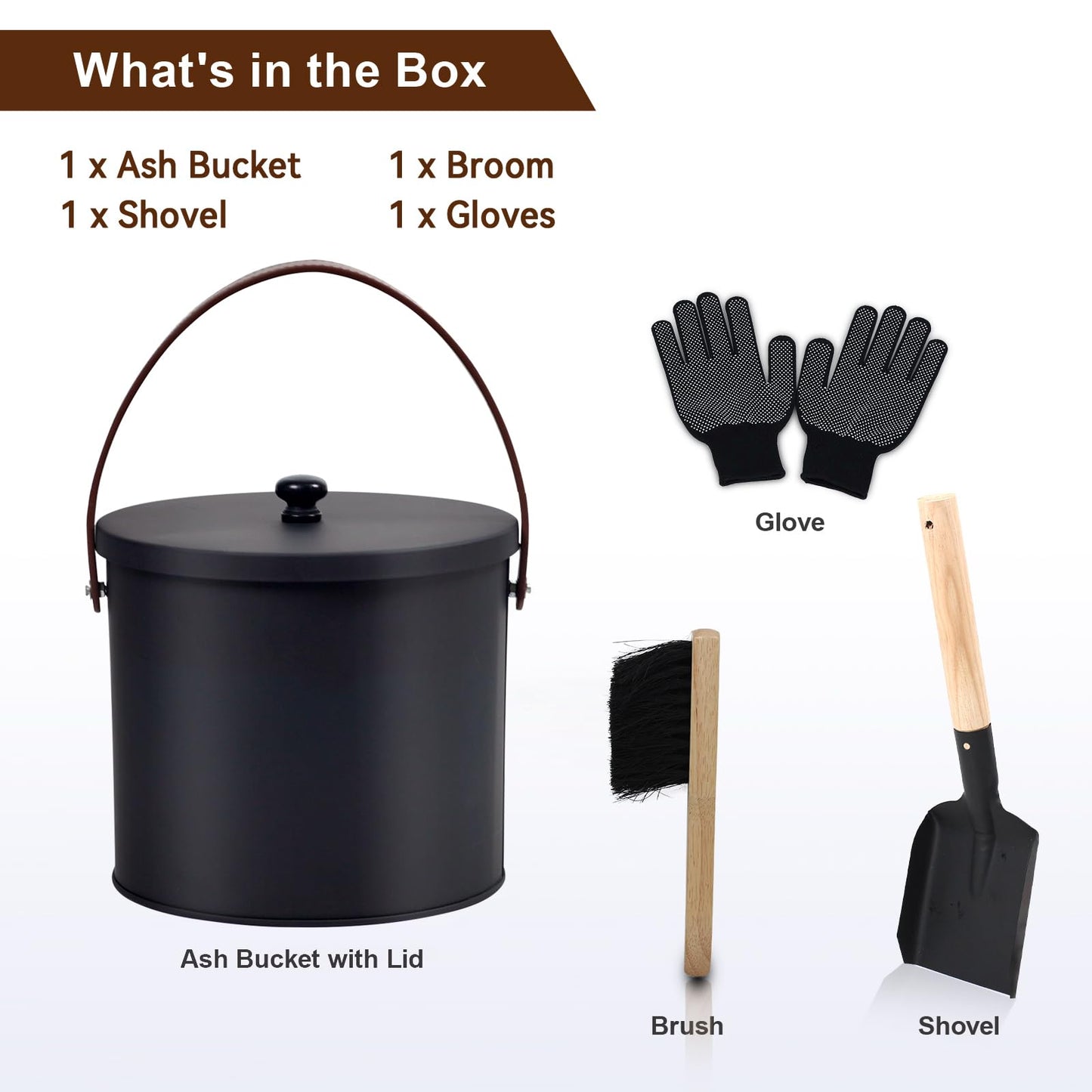 BRIAN & DANY Mini Ash Bucket with Lid and Shovel, 1.2 Gallon Fireplace Bucket with Broom, Perfect for Fireplaces, Wood Stoves