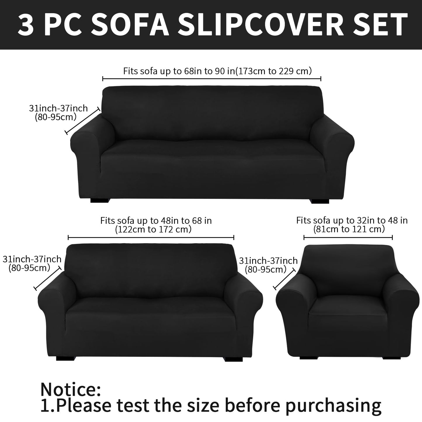 Peryiter 3 Pcs Slipcover Set for Couch Furniture Covers for Sofa Loveseat Couch Arm Chair, Form Fit Stretch, Wrinkle Free, Furniture Protector(Black,Milk Silk Spandex)