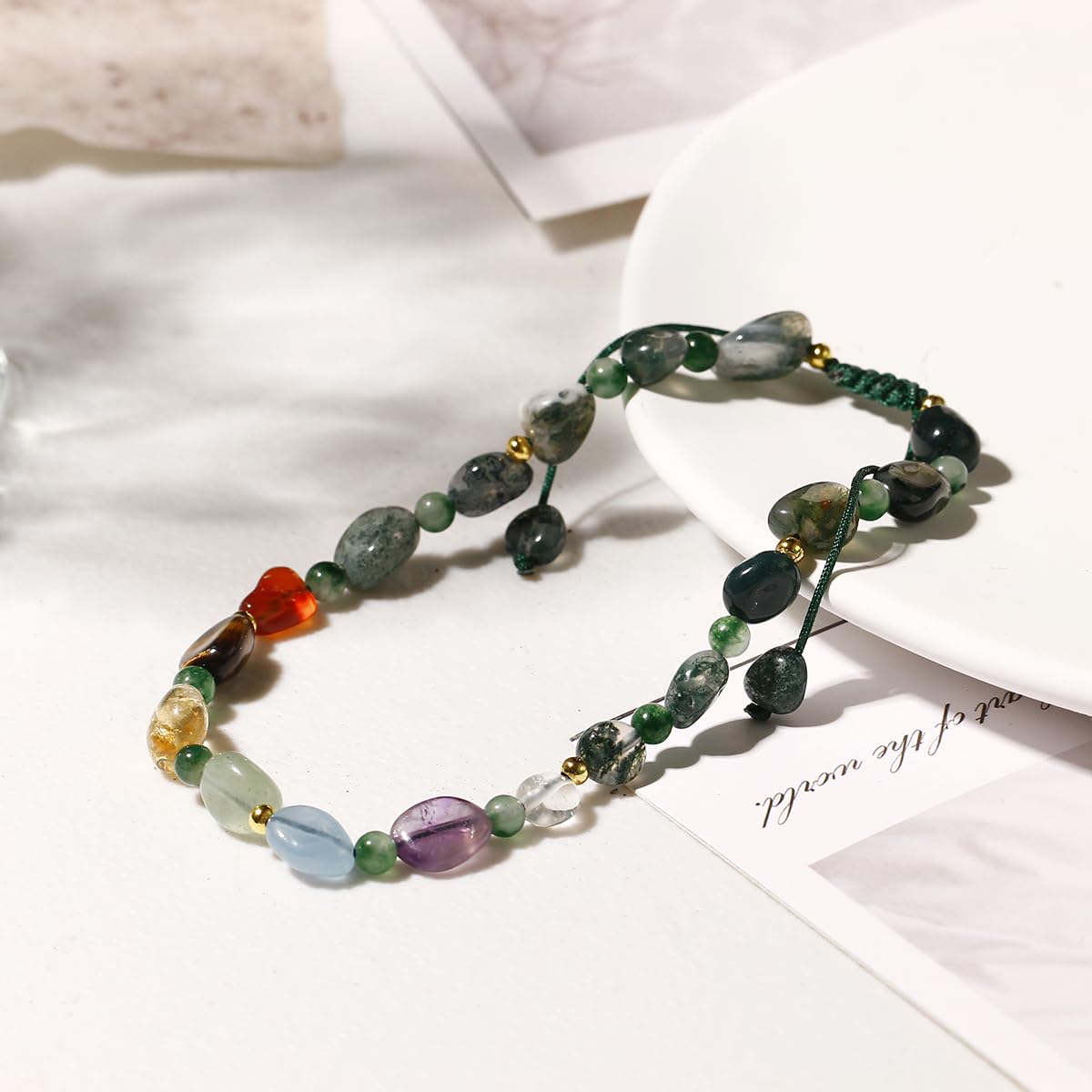 Jewever 7 Chakra Crystals and Stones Anklet Irregular Tumbled Gems Beaded Ankle Bracelets for Women Spiritual Energy Meditation Yoga Healing Jewelry Mom's Gifts (Moss Agate)
