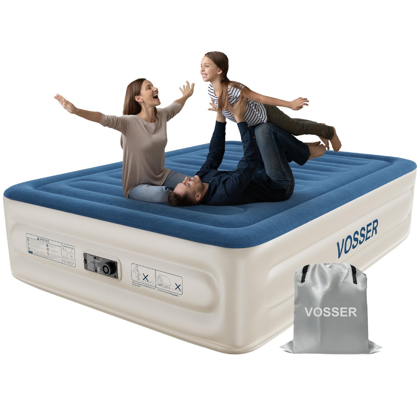 VOSSER Queen Air Mattress with Built-in Pump,18'' Raised Blow Up Mattress, Leak-Proof Air Bed with Storage Bag, Flocked Top Inflatable Mattress for Home, Camping & Guests