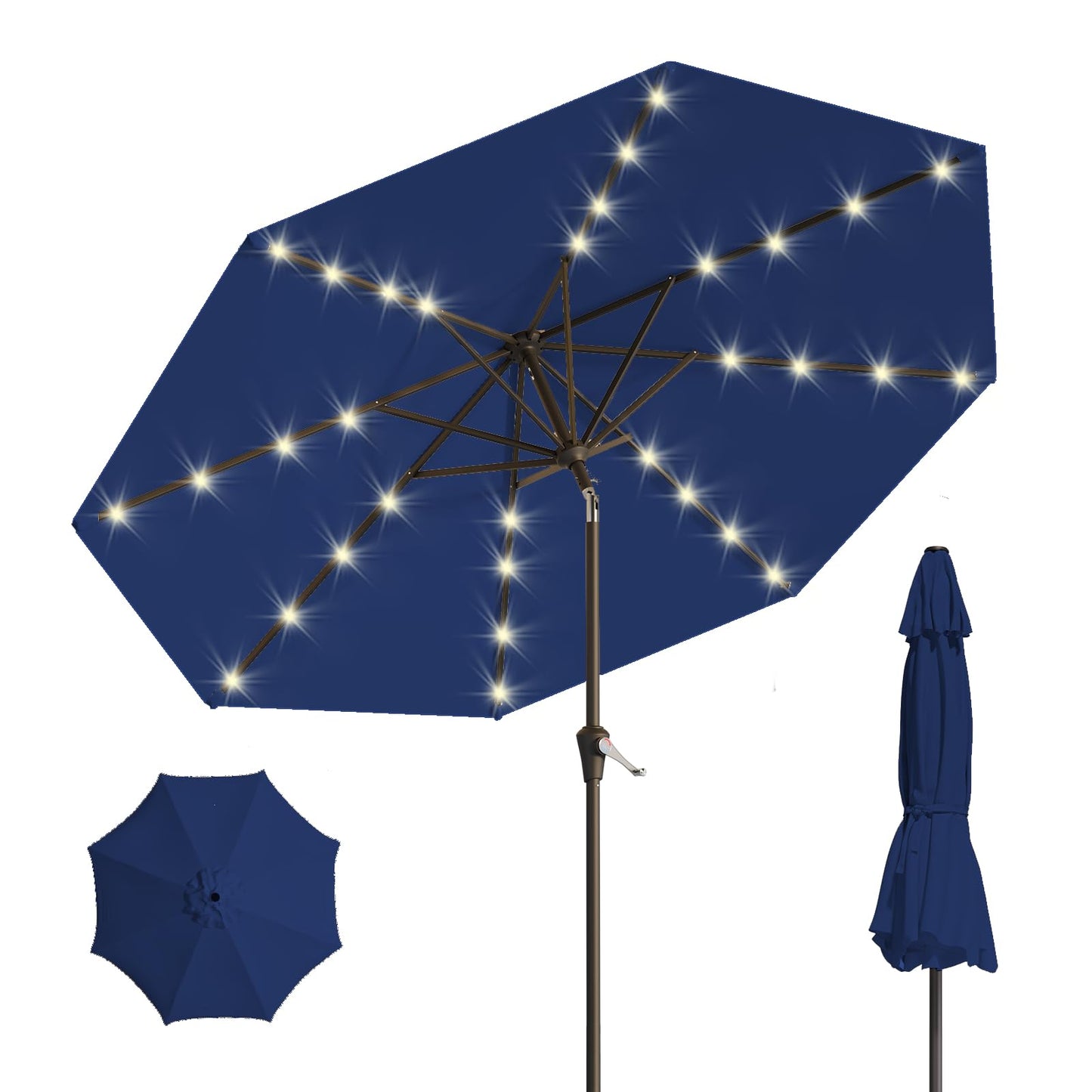 Patio Kingdom 9FT Solar Umbrella 32 LED Lighted Patio Umbrella Table Market Umbrella w/Tilt and Crank, UV-Resistant Outdoor Umbrella for Pool, Garden, Deck, Navy Blue