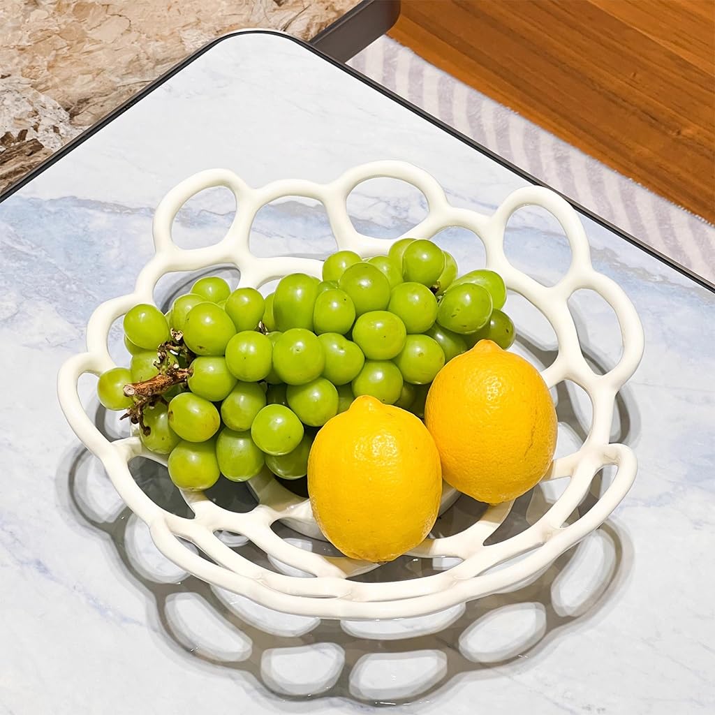 KITCISSL Fruit Bowl Ceramic Fruit Plate Living Room Household Coffee Table Decor, Coffee Table Decorative Centerpiece Candy Snacks Storage Basket Modern Creative Hollow Fruit Basket(White)