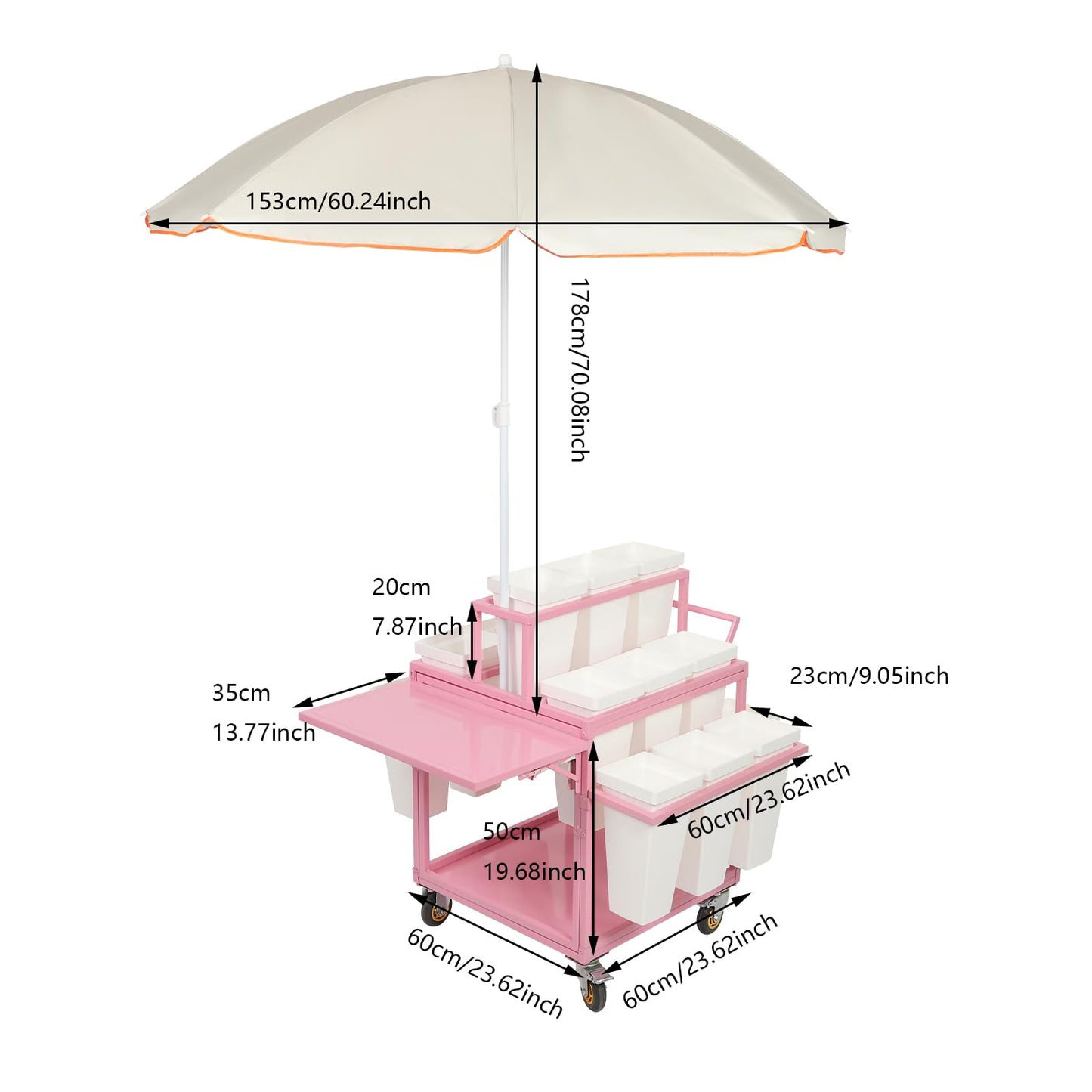 Metal Outdoor Flower Display Stand with Parasols, Heavy Duty Metal Flower Cart with 18 Buckets, Flower Plant Stand with Wheels, Moving Florist Bouquet Shelf for Patio Garden Florist Weddings Party (Pink)