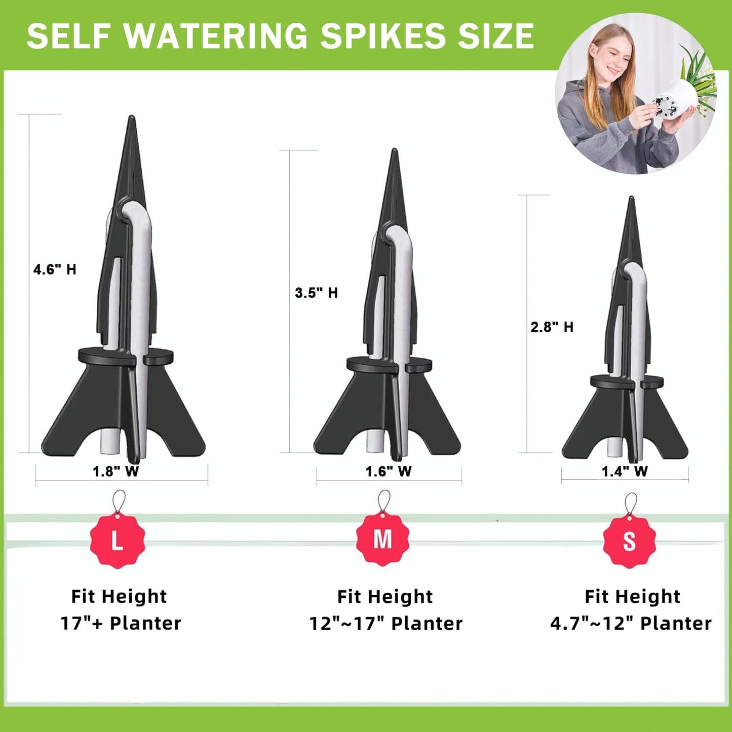GreenShip 4 Pack Self Watering Planter Insert, Wick Spikes for Plants, Patented Plant Wicks for Self Watering, Plant Stakes for Indoor Outdoor Plants,Vacation Use(Medium for Height 12"-17" Planter)