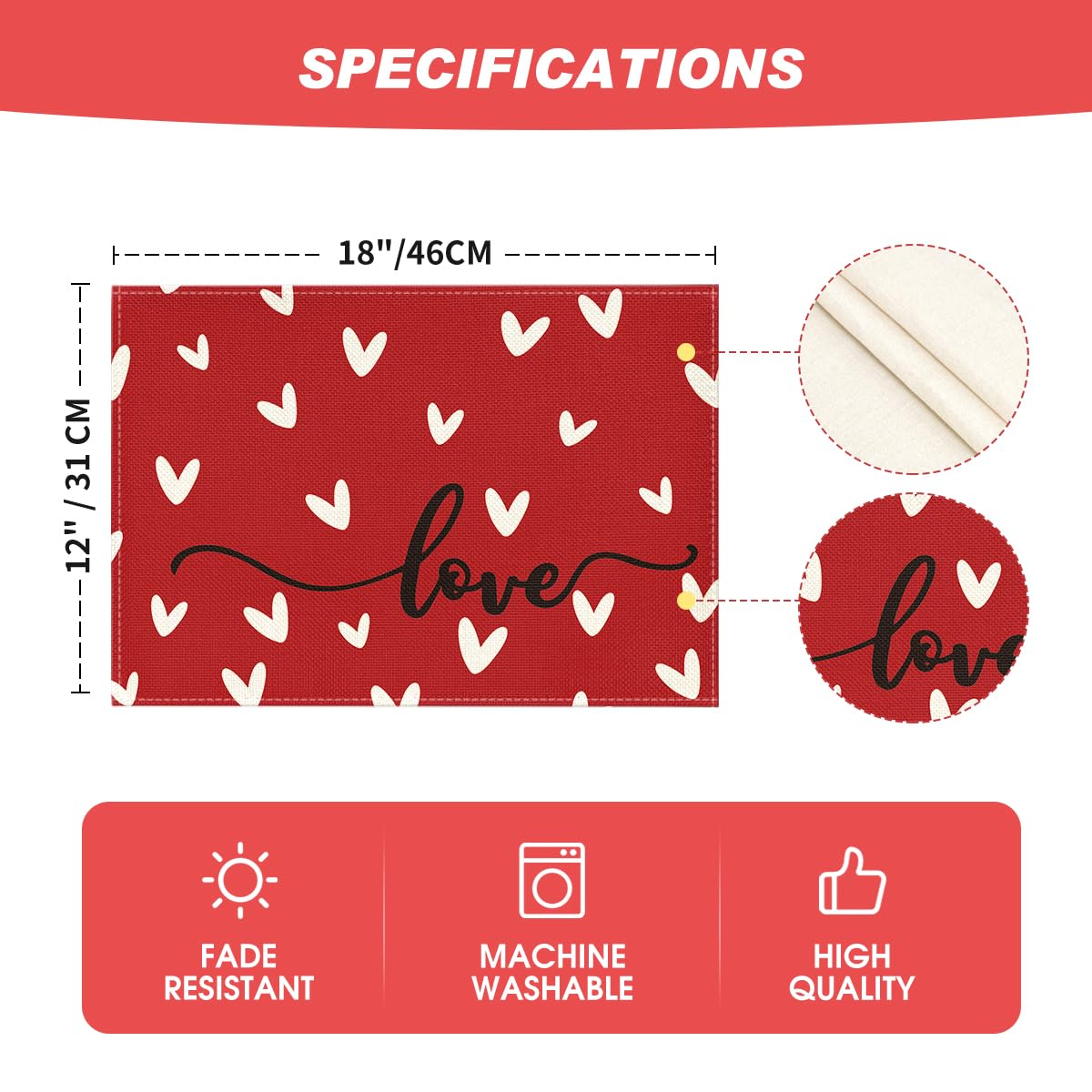 Artoid Mode Red Love Hearts Placemats Set of 4, 12x18 Inch Seasonal Anniversary Holiday Table Mats for Party Kitchen Dining Decoration