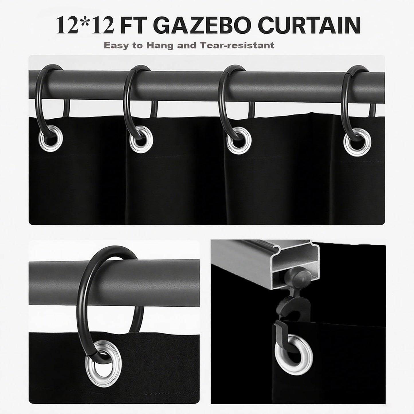 ORSMGOLF Outdoor Waterproof Gazebo Curtains - Privacy & Weather 4 - Panels Gazebo Side Wall with Zipper - Resistant Privacy Curtains Replacement for Patios/Gardens (Black, 12' x 12')
