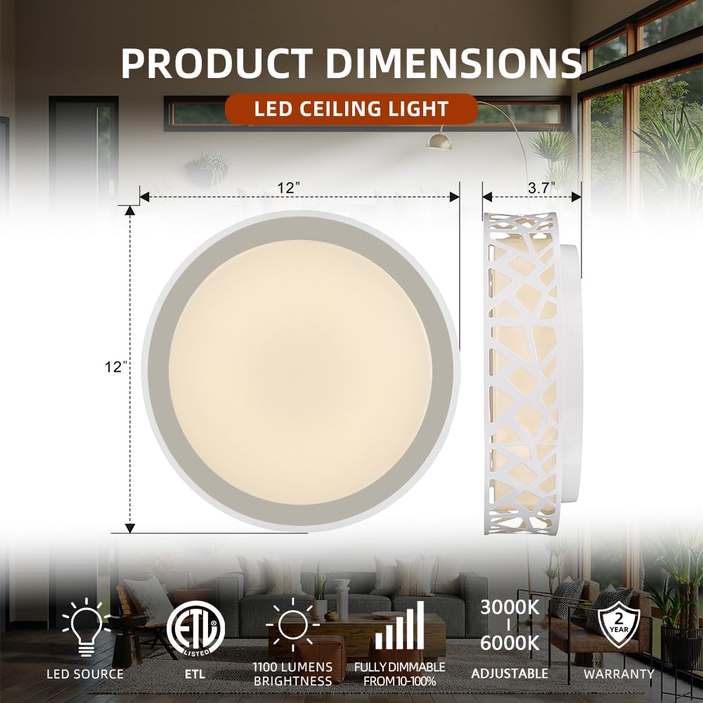 VICNIE Flush Mount Ceiling Light Fixture,15W 1600 Lumens LED Ceiling Lights, Dimmable 3000K Warm White Light Fixtures Ceiling Mount for Bedroom, Kitchen, Hallway, Stairways