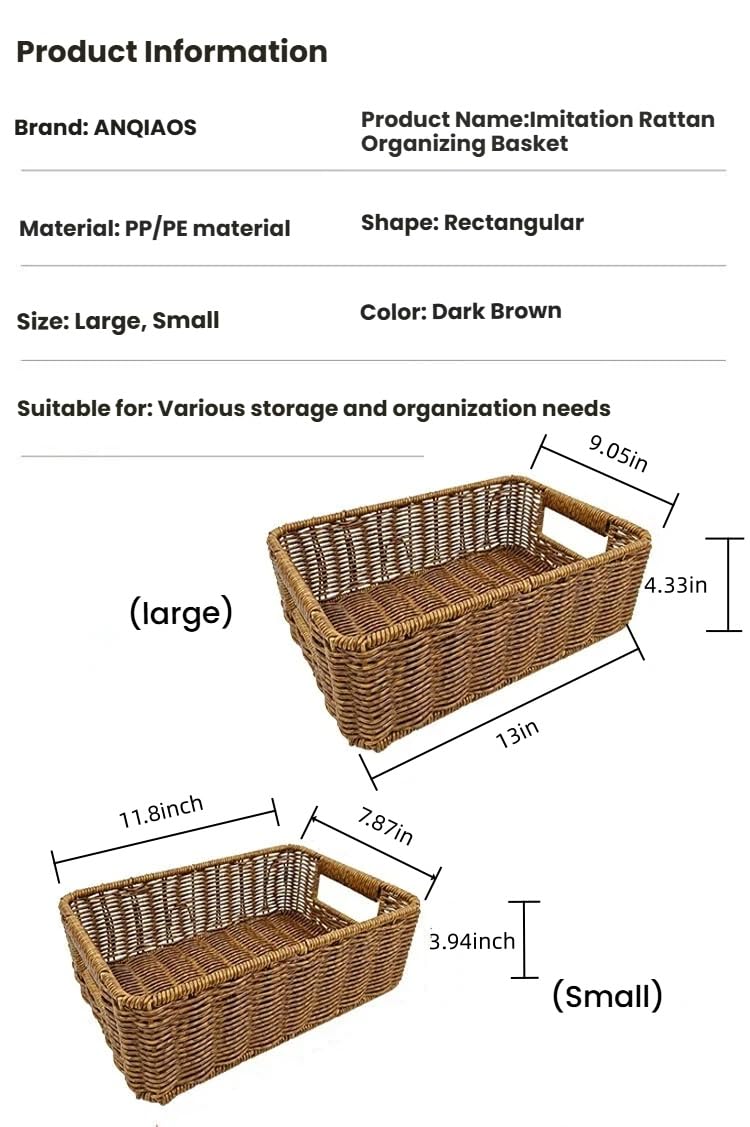 ANQIAOS Plastic Storage Baskets for Shelves and Cabinets, Pantry Baskets Organization and Storage, Wicker Storage Baskets for Organizing, Water-Resistant and Durable(Set of 2, Dark Brown)