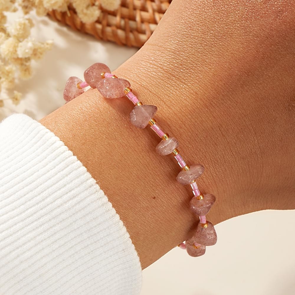 SHINUS BOHO Healing Natural Crystal Beaded Stretch Bracelet for Women,Handmade Boho Irregular Strawberry Quartz Energy Stones Growth Love Bracelet Summer Beach Fashion Jewelry Gift Friendship