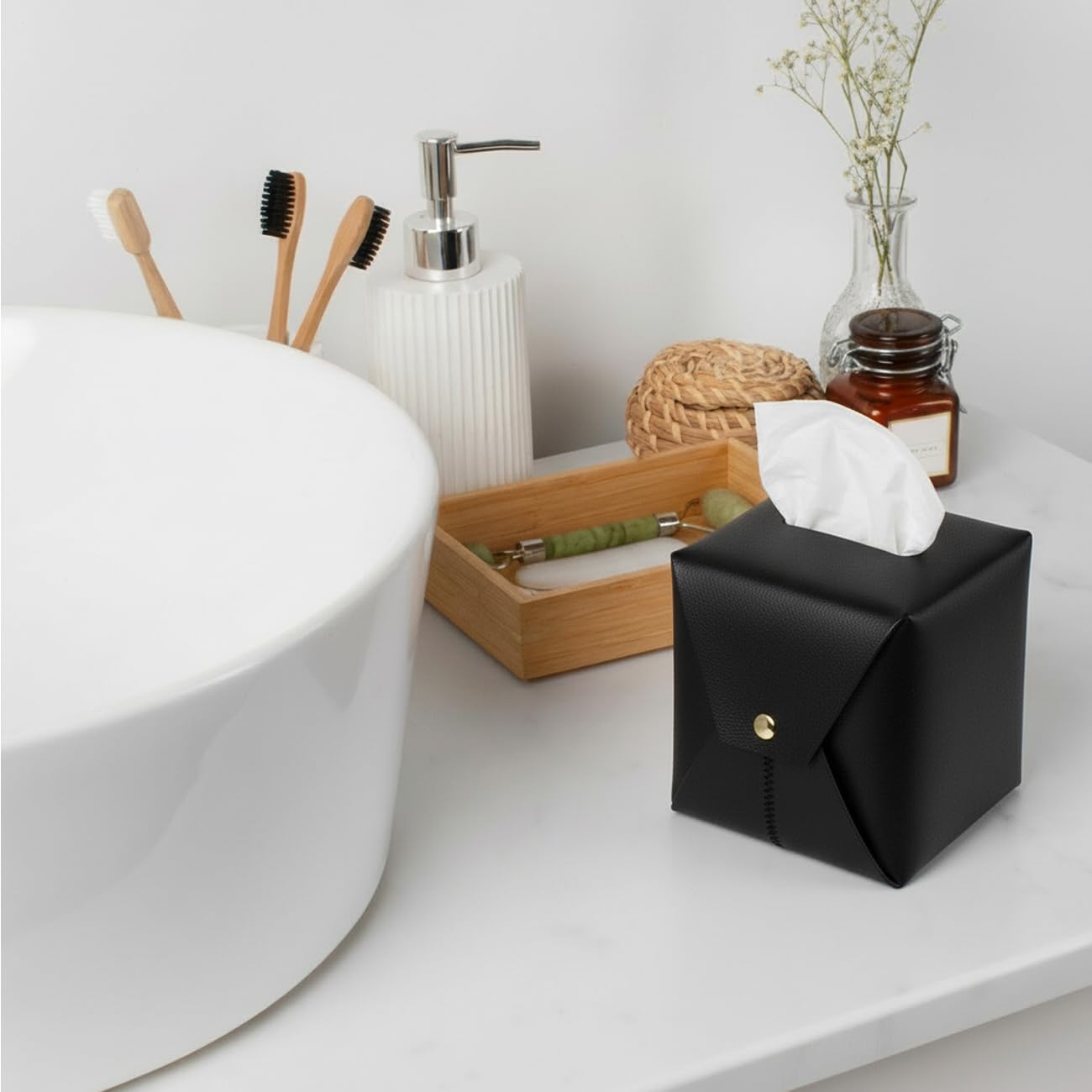 Frayot Tissue Box Cover Square, Leather Tissue Holder Organizer with Side Openings for Bathroom, Vanity, Tabletop, Office (1Pack-Black)