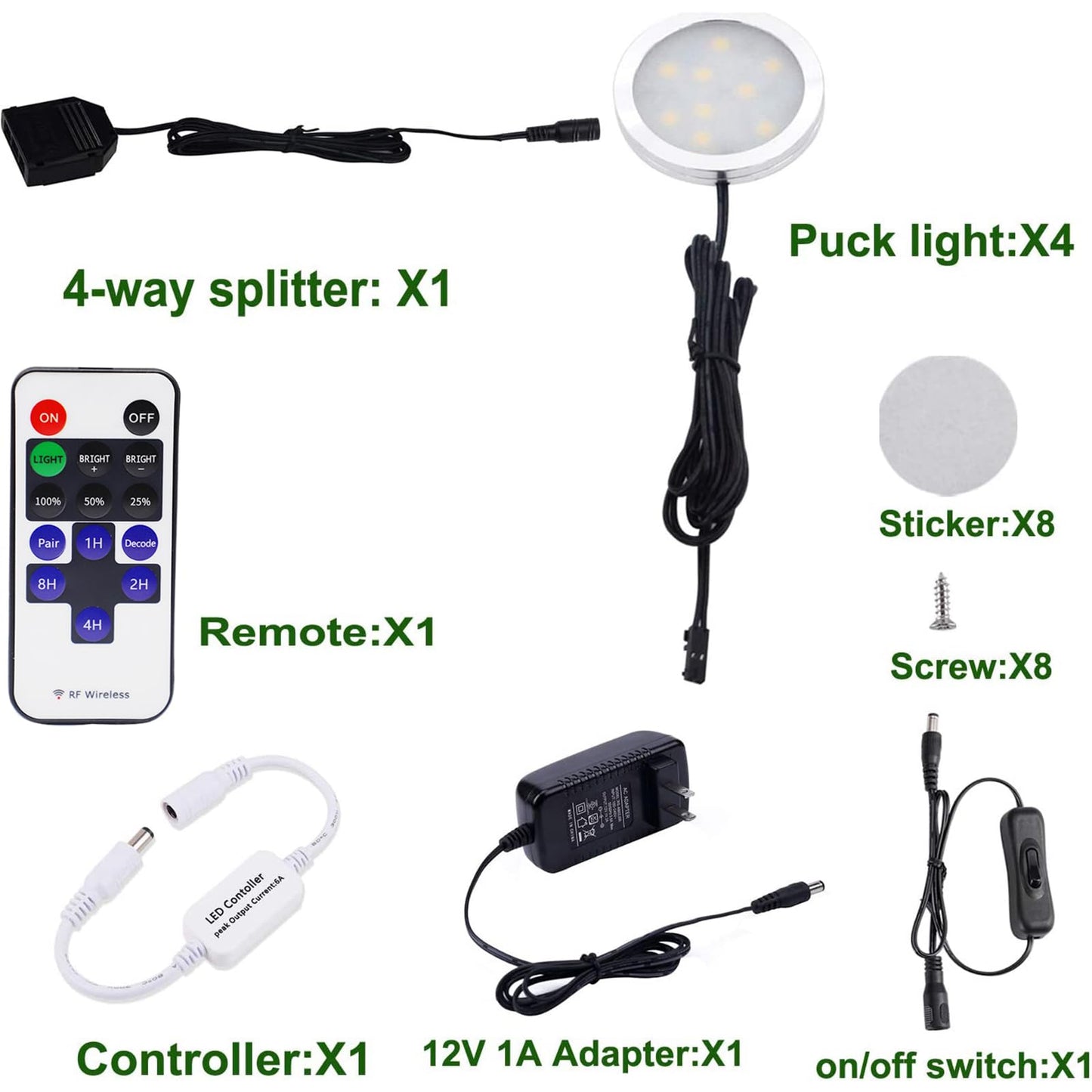 AIBOO LED Under Cabinet Lighting Kit 4 Packs 12V Low Profile Puck Lights with Dimmable Wireless RF Remote for Kitchen, Counter, Gun Safe Lighting(Warm White)