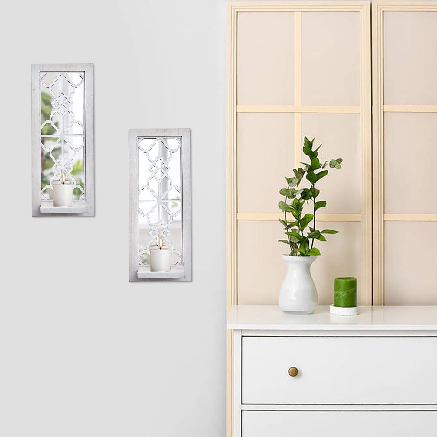 Wood Wall Sconce Candle Holder Set 2, Rustic Wall-Mount Candle Holders, Farmhouse Hanging Wall Décor, Carved Wood Frame, Mirrored Candle Holder (Distressed White)