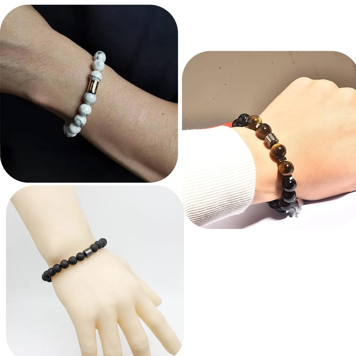 Liiusgelad Mens Beaded Bracelets 4-Pack, 8mm & 6mm Black and White Stone Bracelet Set, Hematite Obsidian Tiger Eye Crystal Mala Bead Bracelet for Men, Pulseras para Hombres, Mens Jewelry Accessories