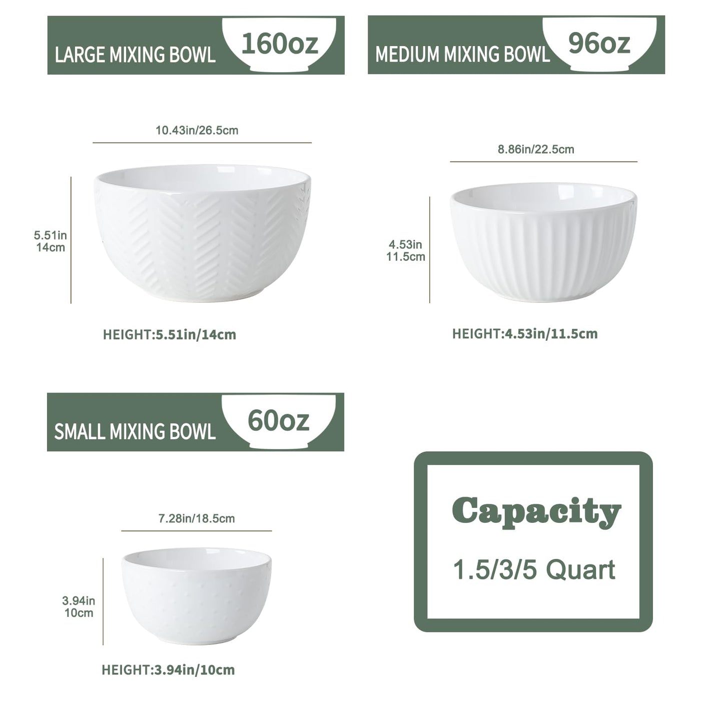 HAPPY KIT Ceramic Mixing Bowls Set, Nesting Bowls Set For Kitchen,Large 5/3/1.5 Quart Bowl Set of 3, Prep Serving Bowl for Baking and Mixing Salad,Oven, Microwave and Dishwasher Safe