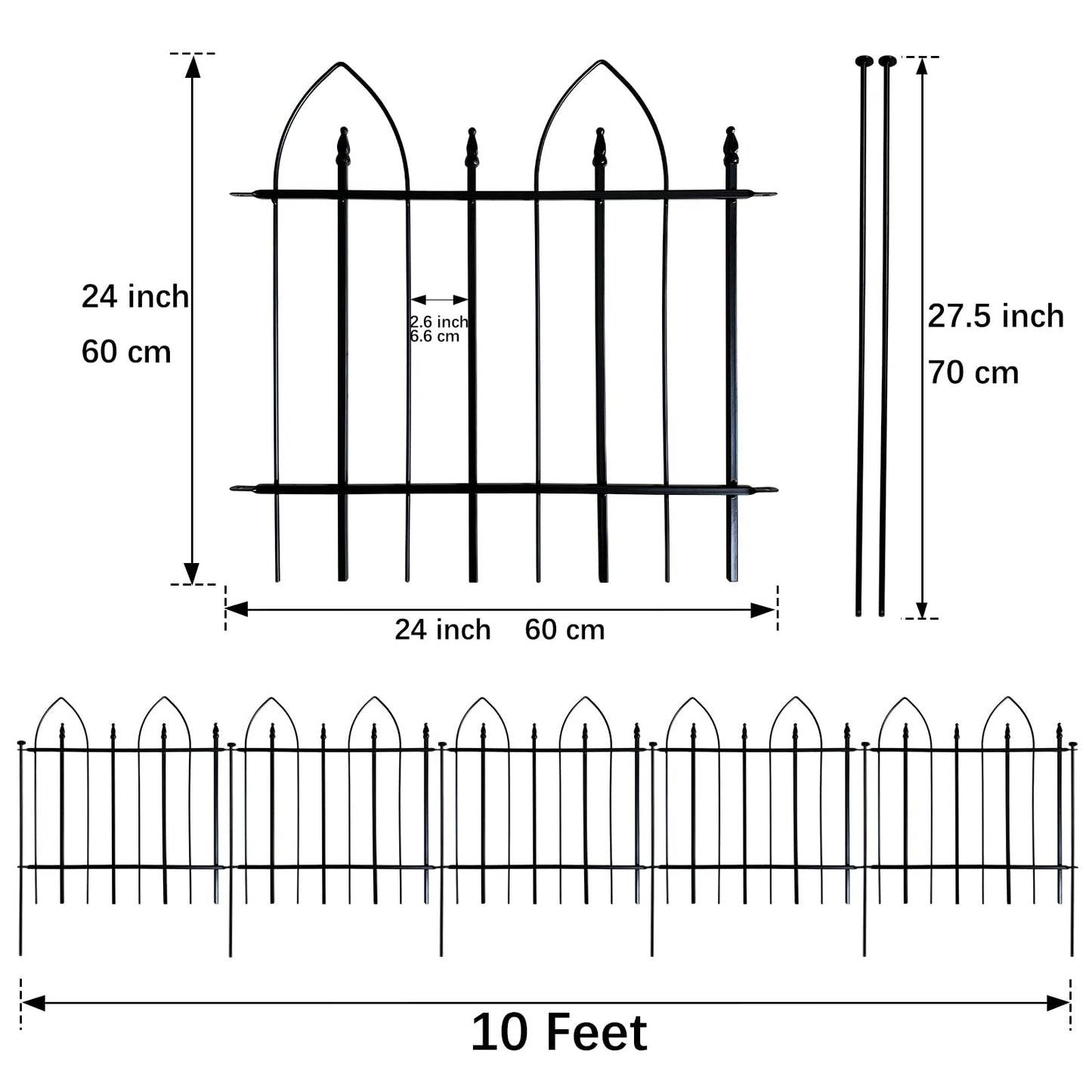 Thealyn Garden Fence 24" H x 24" W (5 Panels, Total 10 ft), Metal Fence Decorative Border Fence, Rustproof Landscape Fencing for Dog, Flower Bed, Yard, Patio, Animal Barrier