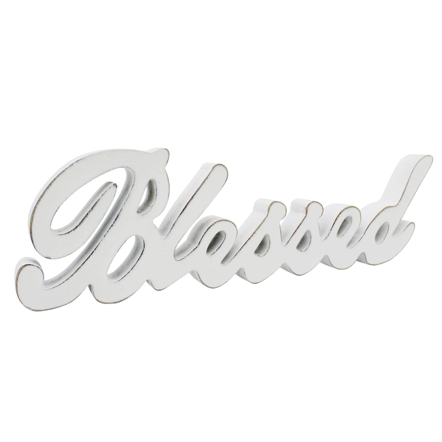 CVHOMEDECO. Blessed Sign Free Standing Wooden Words Sign for Gift and Table/Shelf/Home Wall/Office Decoration, Distressed White, 15 x 4-1/4 x 1 Inch