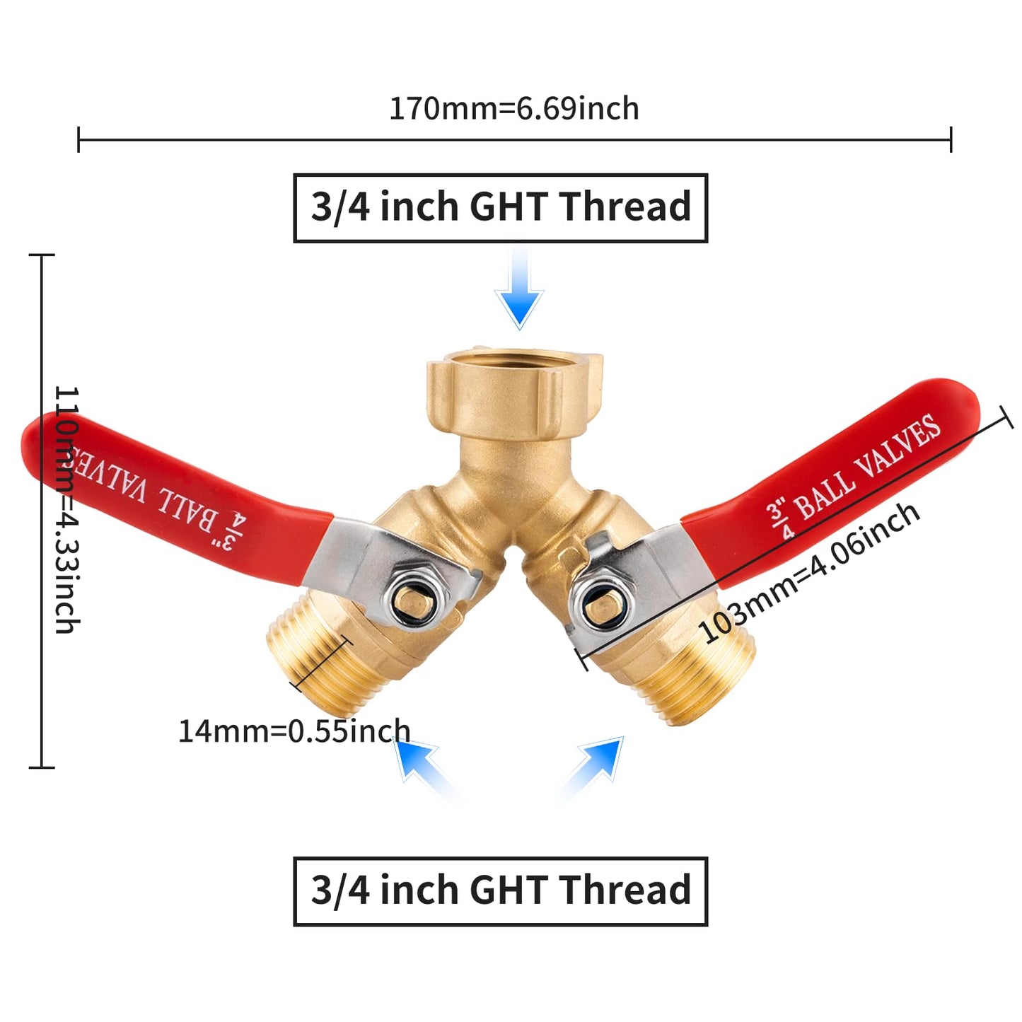 Garden Hose Splitter 2 Way Heavy Duty, Solid Brass Faucet Splitter with Shutoff, Outdoor Full Flow Y Valve Water Hose Splitter Adapter With Long Handle 3/4" GHT Thread