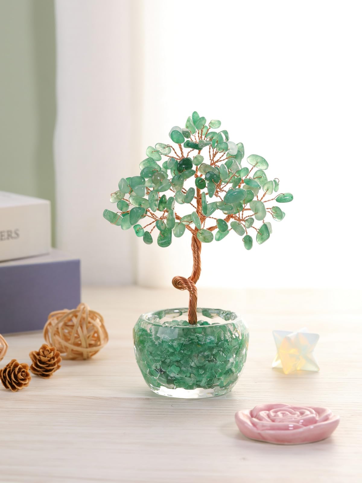 Top Plaza Healing Crystals Green Aventurine Crystal Tree with Glass Base Handmade Natural Gemstone Life Tree Mini Bonsai Money Trees Good Luck Home Office Desk Decor