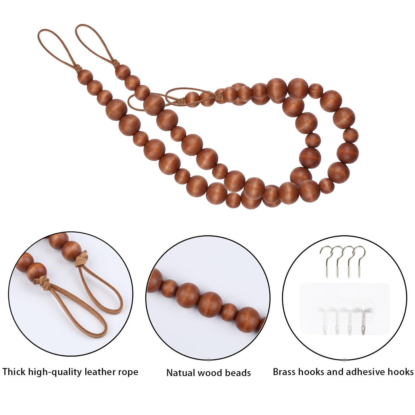 OCIOLI 2 Pieces Curtain Tieback Wood Bead Curtain Tiebacks Curtain Holdbacks for Wall Curtain Ties Window Treatment Curtain Tie Backs with Hooks Curtain Pull Backs (Coffee,2)
