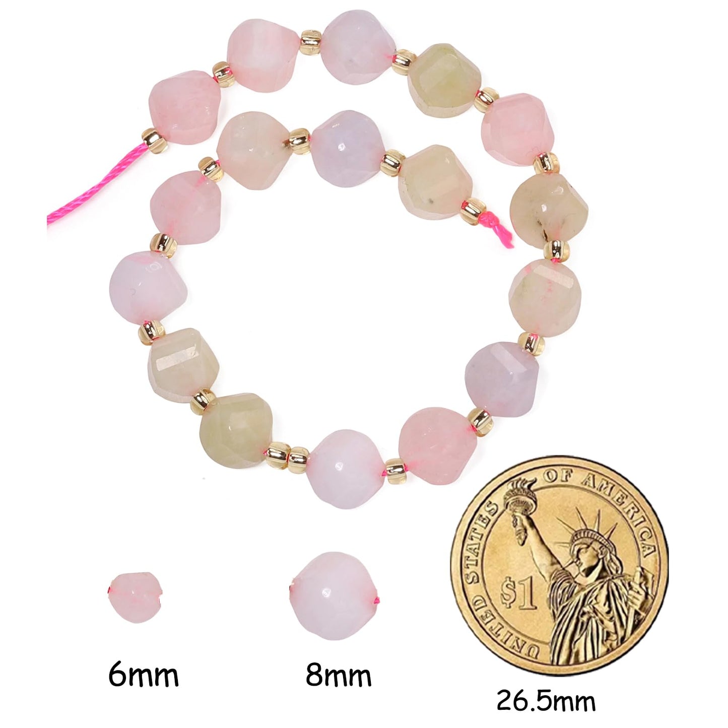 Yochus 42pcs Natural Morganite Stone Beads for Bracelet，2strands 6mm Facted Twist Loose Gemstone Beads for Jewelry Making DIY Craft Necklace Earring