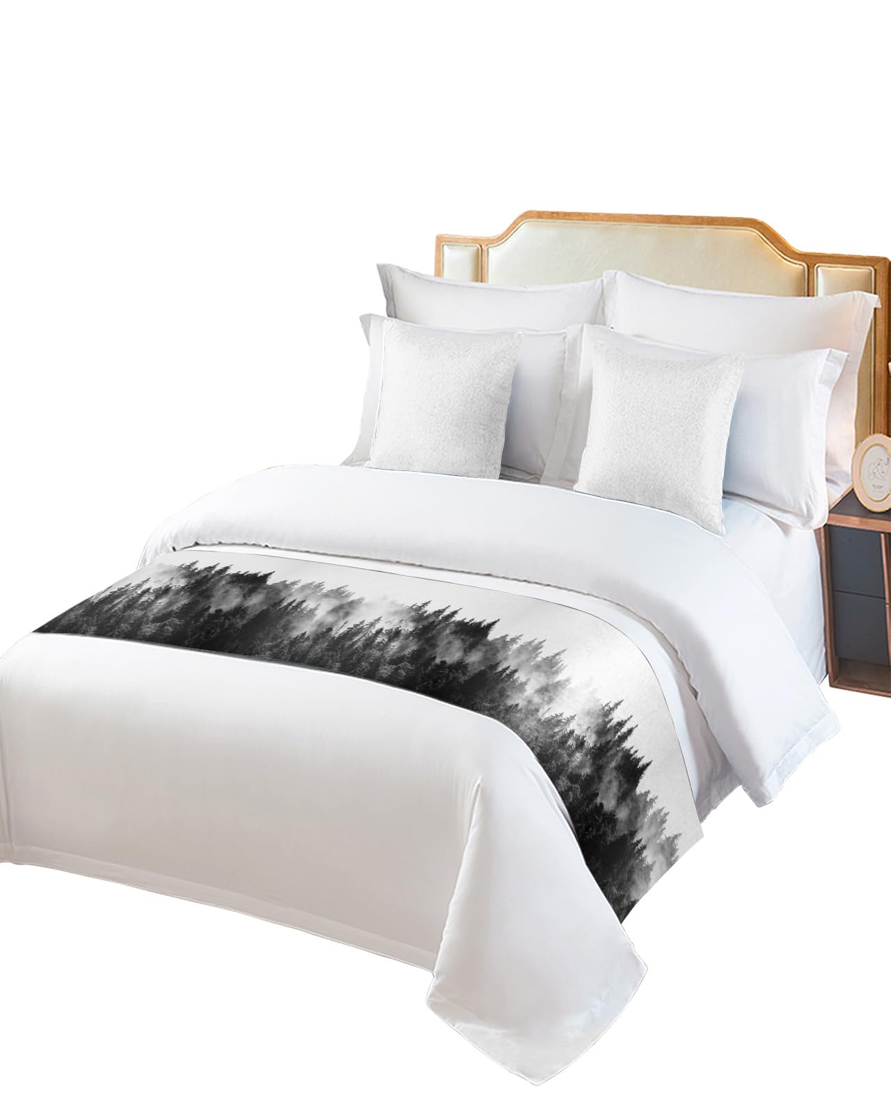 Black Forest Bed Runners for Queen Size Bed, Bed Throws for Foot of Bed, Black and White Natural Landscape Modern Abstract Art Bed Runner Sofa Throw Bedding Scarf Protector Slipcover for Bedroom