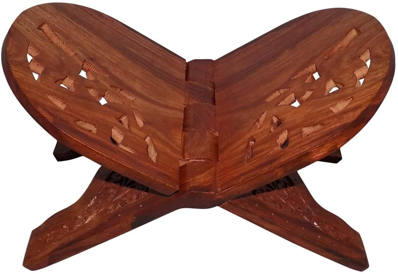 Rihal Rehal Handmade Wooden Quran Holder - Folding Book Reading Stand, Floral Design Curved Magazine Holder