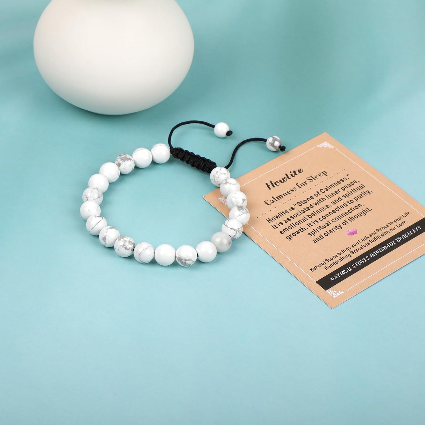 AD Beads 8mm Howlite - Calmness for Sleep - Handmade Natural Stone Crystal Bracelet with Adjustable Macrame String - Yoga Healing Power Energy Gifts for Men and Women