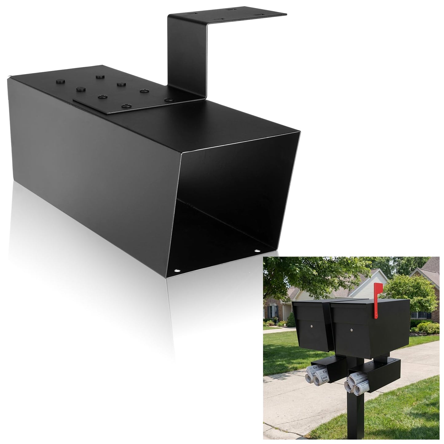 Zonon Newspaper Holder Black Medium Newspaper Box Weatherproof Heavy Duty Mailbox Accessory with Adjustable Bracket Rustproof Metal Outdoor Magazine Delivery Box for Post Mounted Mailbox