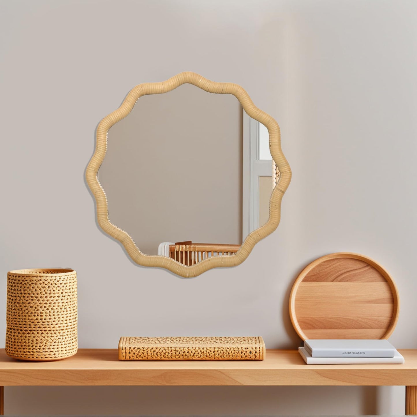FUIN 20" Round Rattan Wall Mirror, Scalloped Wavy Wicker Frame – Handwoven Natural Boho Decor for Bathroom Vanity, Nursery & Entryway – Distortion-Free Glass