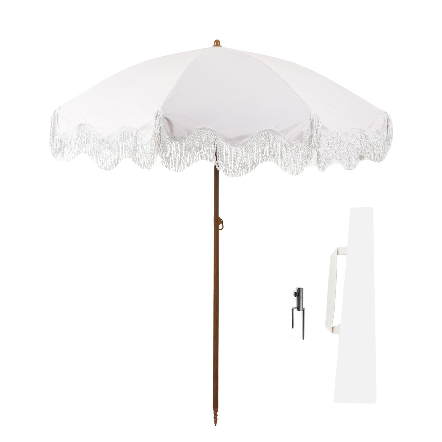 Rayjee 6.5FT Patio Umbrella with Fringe, UV Protection Beach Umbrella with Tilt & Adjustable Height, Includes Carry Bag & Ground Stake, Outdoor Umbrella for Pool, Garden, Backyard -Beige
