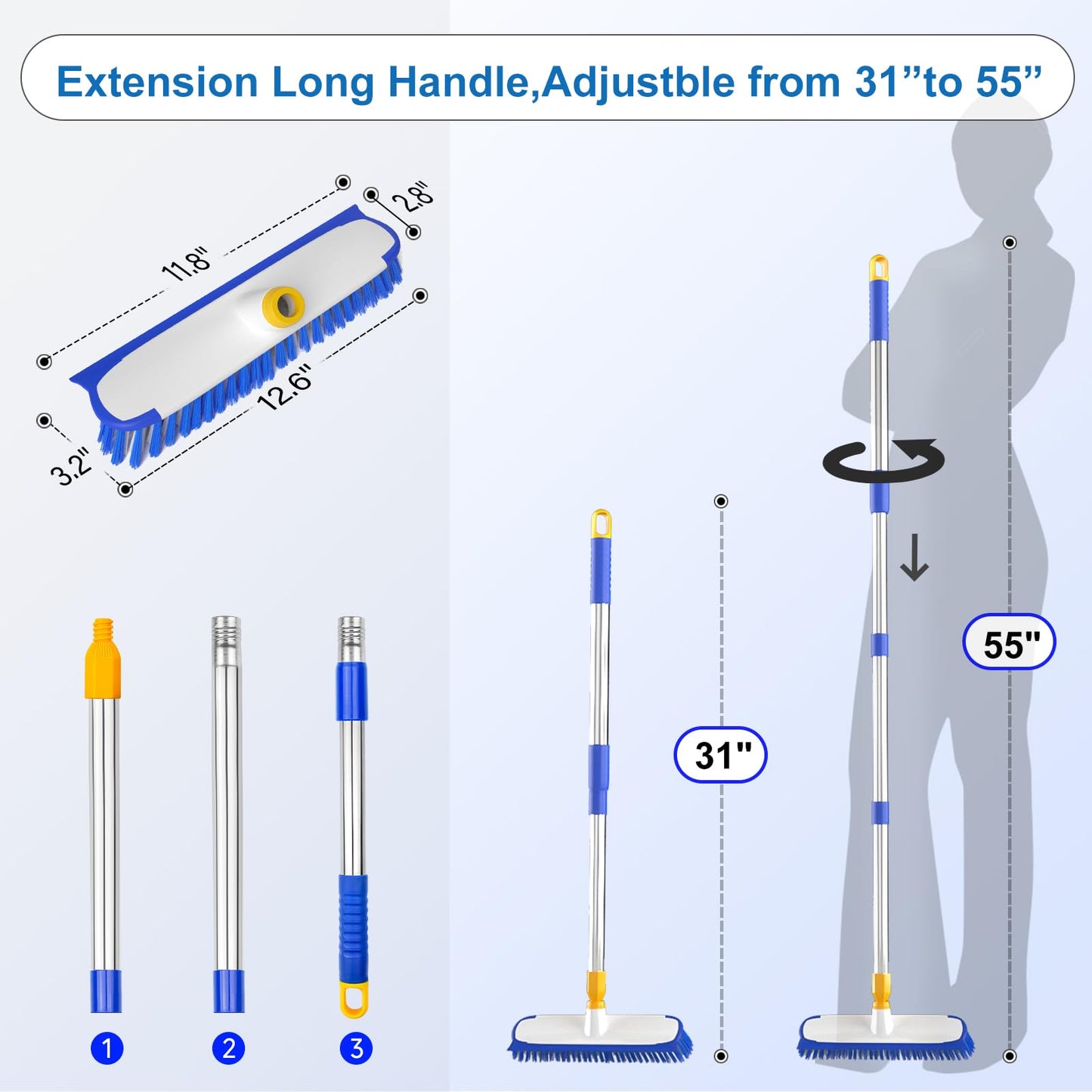 ITTAR 55" Extendable Floor Scrub Brush, 12" Wide Heavy-Duty 2-in-1 Scrub & Squeegee Deck Brush for Tile Grout Shower Floor, Kitchen, Restaurant, Patio & Garage Cleaning
