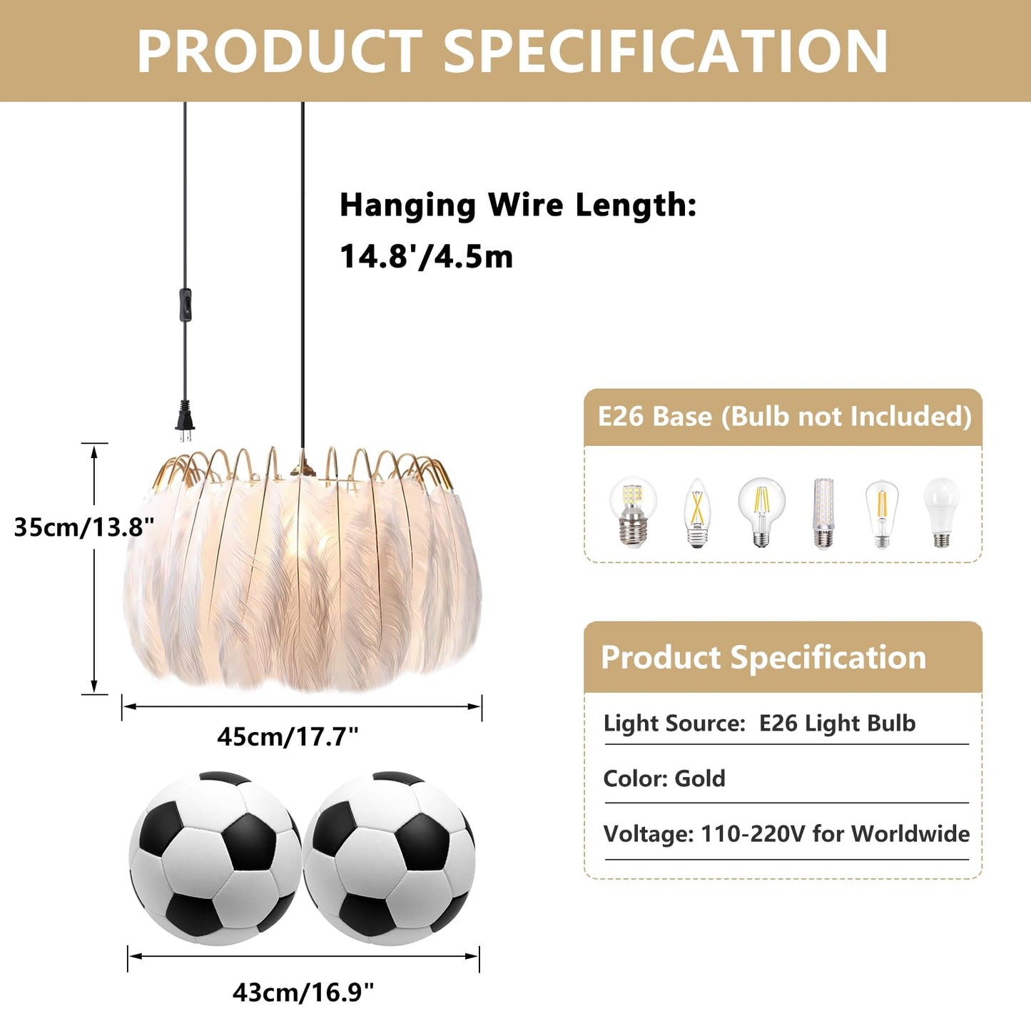 KCO Lighting Nordic Feather Chandelier White Feather Ceiling Pendant Light Fixture with 14.8 Feet Plug in Cord Gold Hanging Lamp for Girls Room Bedroom (17.7”)