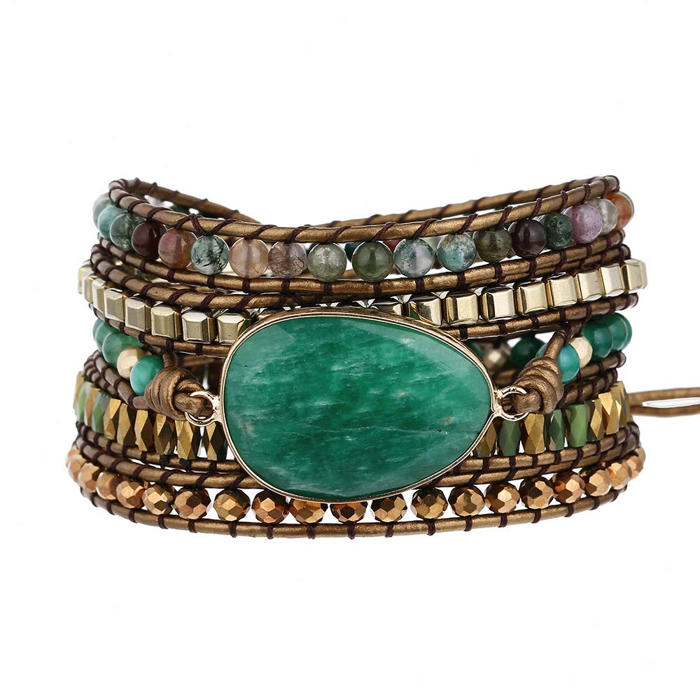 Plumiss Boho Handmade Green Aventurine Stone 5 Wrap Bracelets Natural Stone Beaded Multiple Strand Bracelet Jewelry