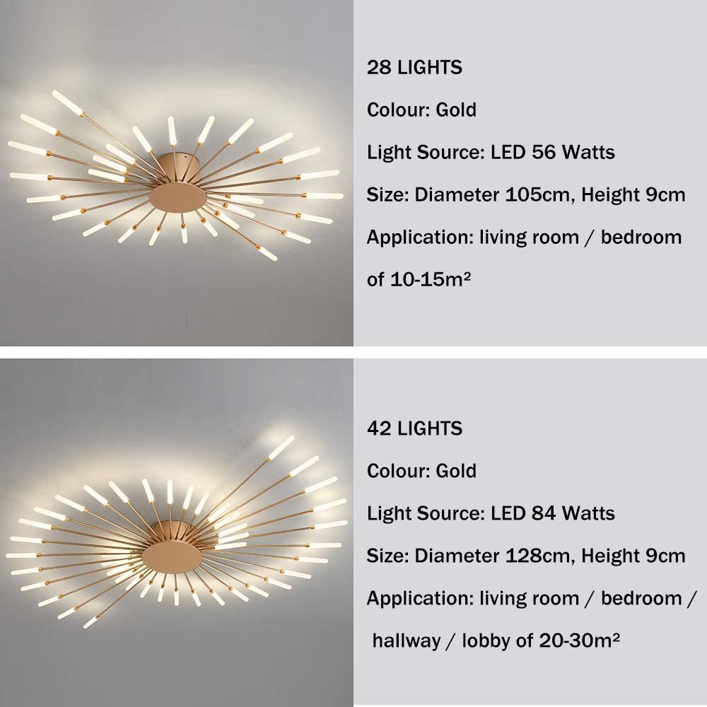 JAYMP 41.3" Ceiling Light Modern Flower Shape Ceiling Lamp for Dining Room Kitchen Hallway Flush Mount Metal Acrylic Sputnik Firework Petal LED Lighting Fixture (Matte Gold, 28 Lights)