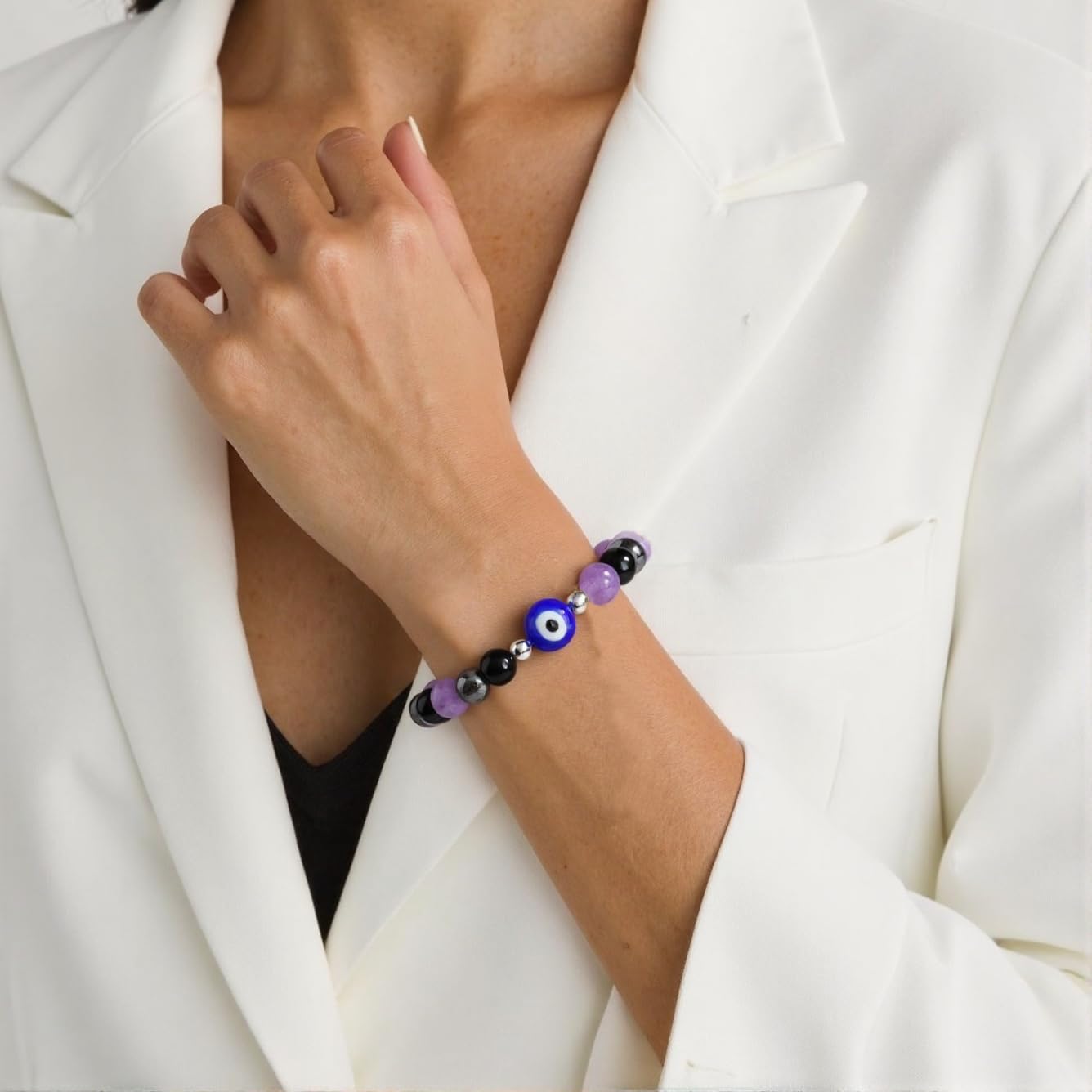 DLYFNVEV Empath Protection Bracelet Amethyst Black Tourmaline Hematite Triple Healing Anxiety Relief Crystal For Women Evil Eye Beaded Natural Stone Jewelry Gifts