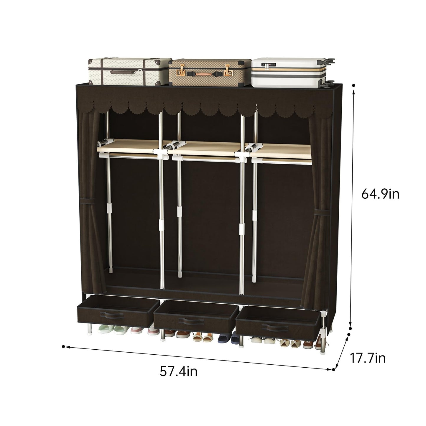 LEAIJIAFY Portable Amories Closet Wardrobe with Non Woven Fabric Cover,59 Inch Large Metal Clothes Rack Storage Closet with 3 Hanging Rods,3 Drawers and 3 Storage Shelves,Brown,for Small Room