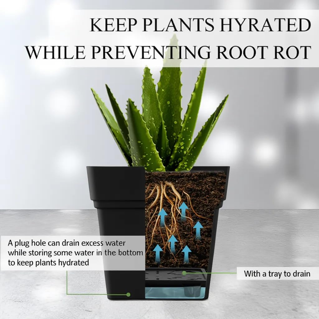 RooTrimmer 6-Pack 7'' Square Planters with Built-in Drainage Tray – Heavy-Duty Black Plastic Planter with Drainage Hole and Bottom Stopper, BPA-Free Plant Pots Matte Finish for Indoor Outdoor
