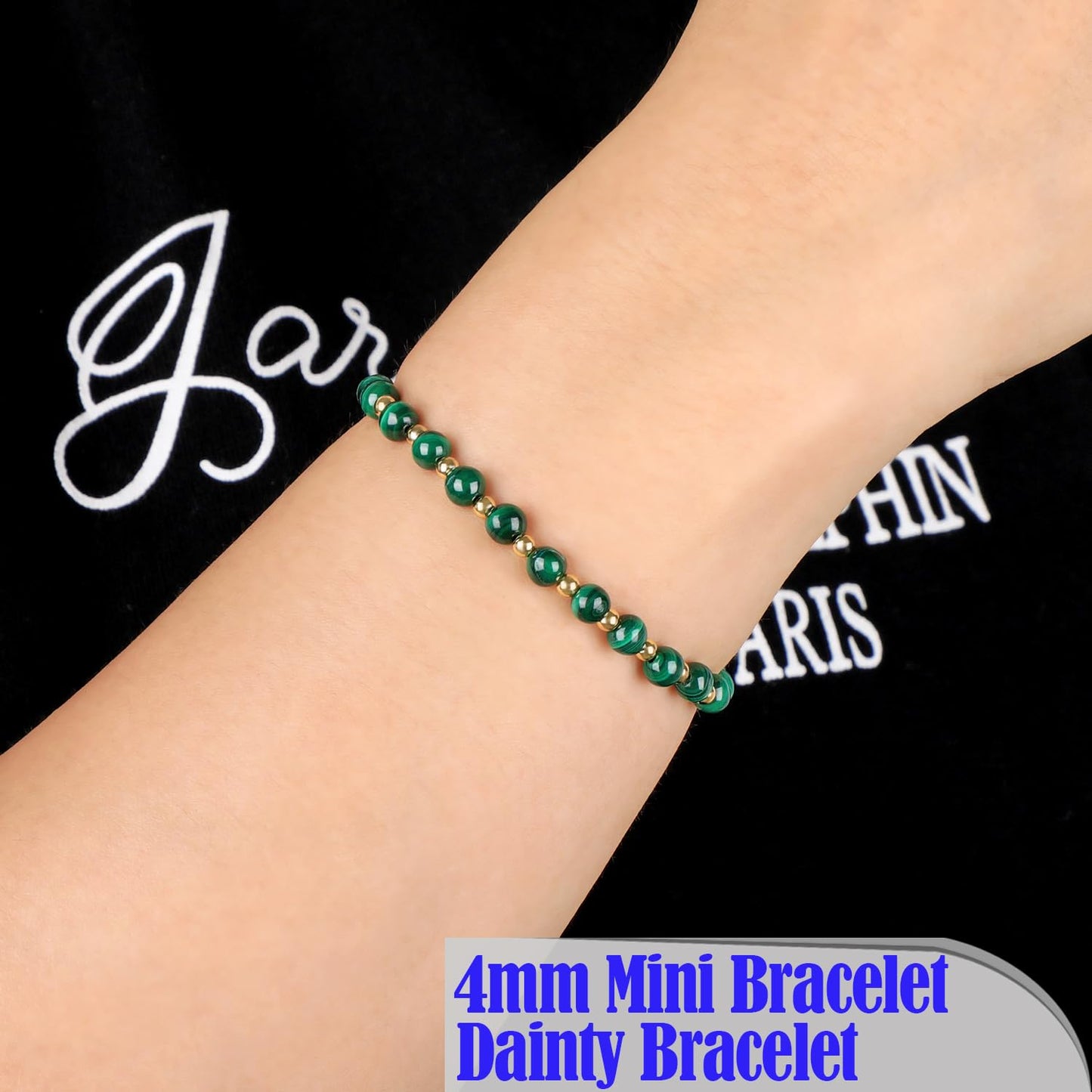 QOGIR Malachite - Transformation - 14K Gold Plated Beads Natural Gemstone Stretch Elastic Dainty Healing Beaded Bracelets Gifts 4mm